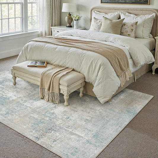 6x9 Washable Area Rug Blue Cream Modern Neutral Abstract Living Room Bedroom Indoor Floor Carpet Low Pile Soft Non-Slip Lightweight Vacuumable Throw Rug for Nursery Dining Room Office