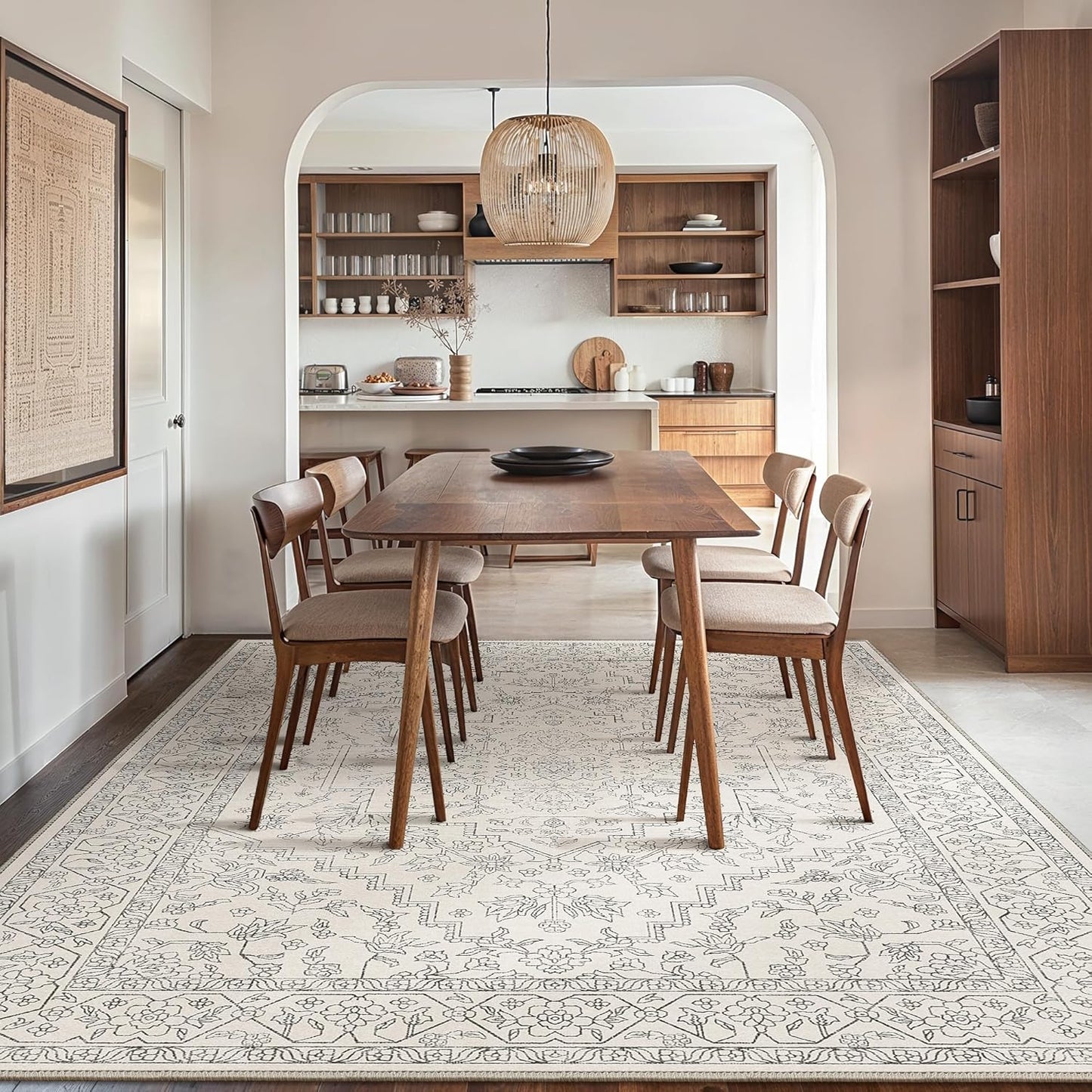 GENIMO 10x14 Area Rugs for Living Room, Machine Washable Non Slip Vintage Rugs, Low Pile Lightweight Chenille Print Rug for Bedroom, Dining Room, Home Office, Beige Line