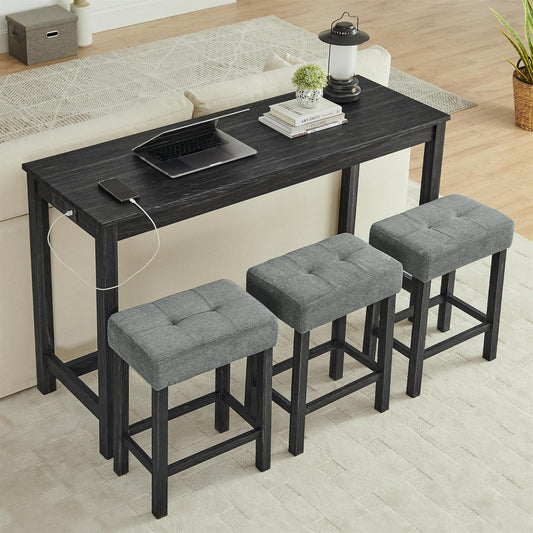 Ball & Cast 4 Piece Kitchen Dining Room Table and Chairs Set, Farmhouse Wooden Counter Height Bar-Sets w/USB Ports & Power Outlet & 3pcs Stools, 59" Sofa-Table Barstool w/Charging Station, Black