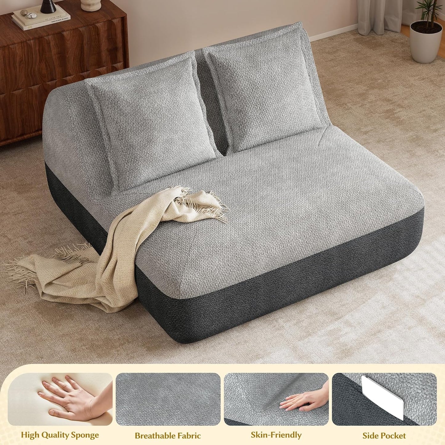 Hobestluk Small Sofa Couch Lounge Sofa Chair for Living Room, Comfy Memory Foam Couch, Mini Sofa with Side Pocket for Living Room, Bedroom (Grey+Light Grey)
