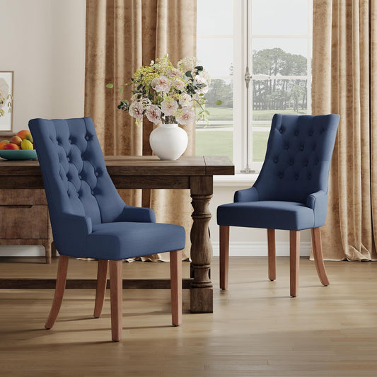 COLAMY Wingback Upholstered Dining Chairs Set of 2, Fabric Dining Room Chairs with Tufted Button, Living Room Chairs for Home Kitchen, Blue
