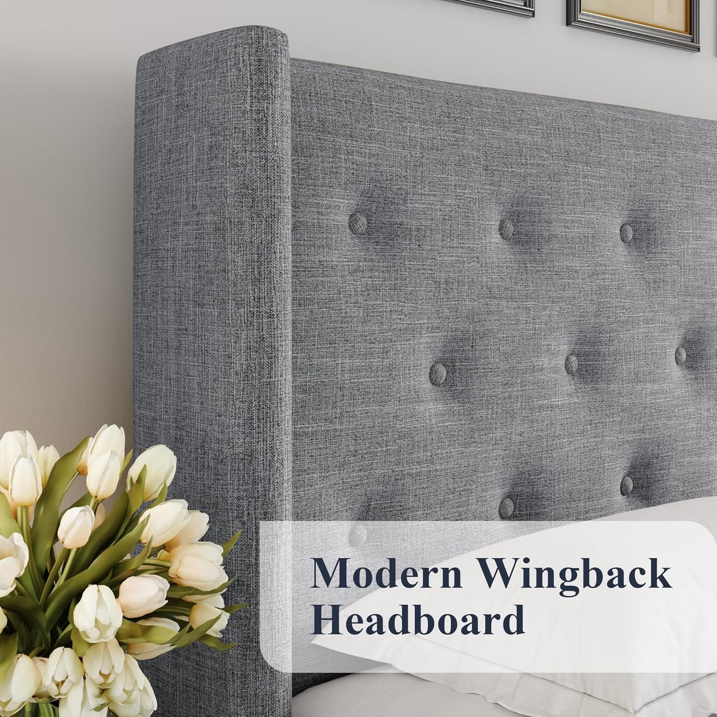 Allewie Queen Size Lift Up Storage Bed, Button Tufted Headboard with Wingback, Hydraulic Support, No Box Spring Needed, Light Grey