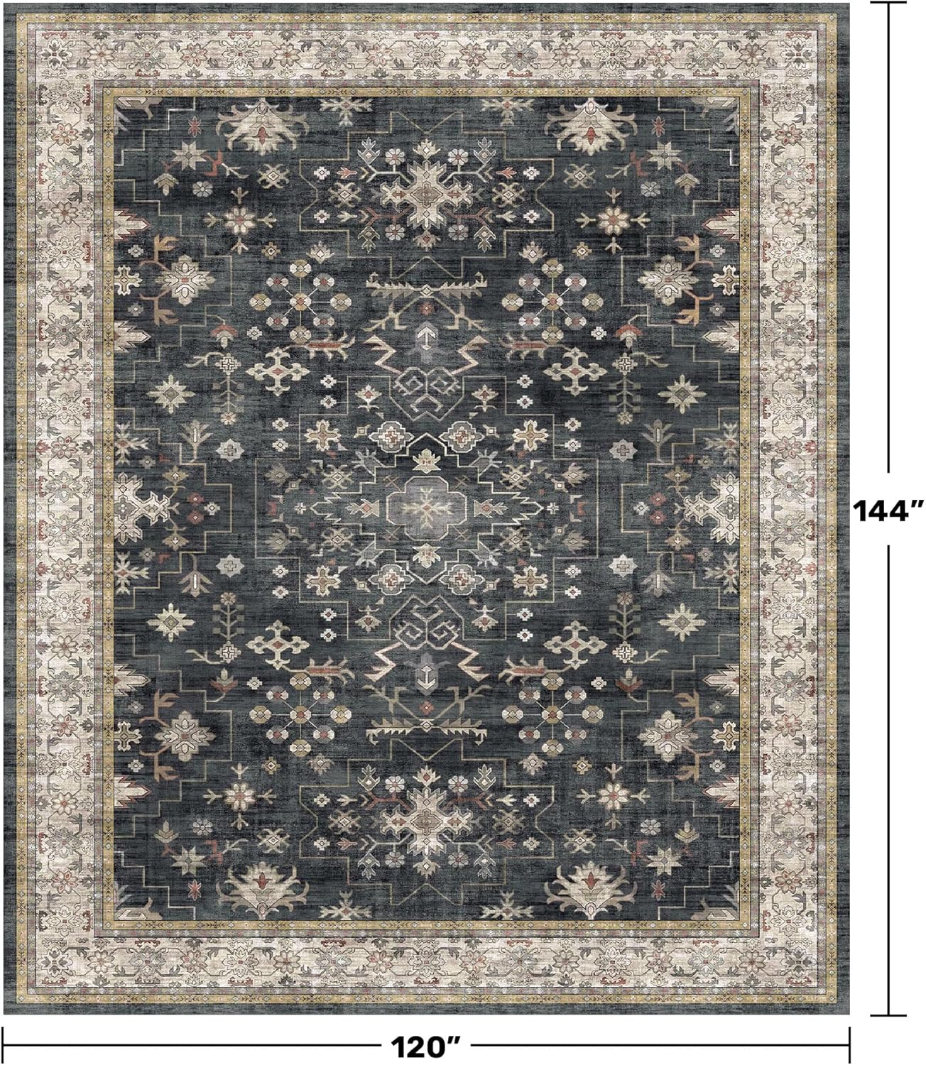 Boho Black Rug for Living Room - Washable 10x12 Area Rug, Dining Room Rugs for Under Table, Soft Low Pile Carpet for Bedroom - Farmhouse Decor, Non-Slip & Stain Resistance