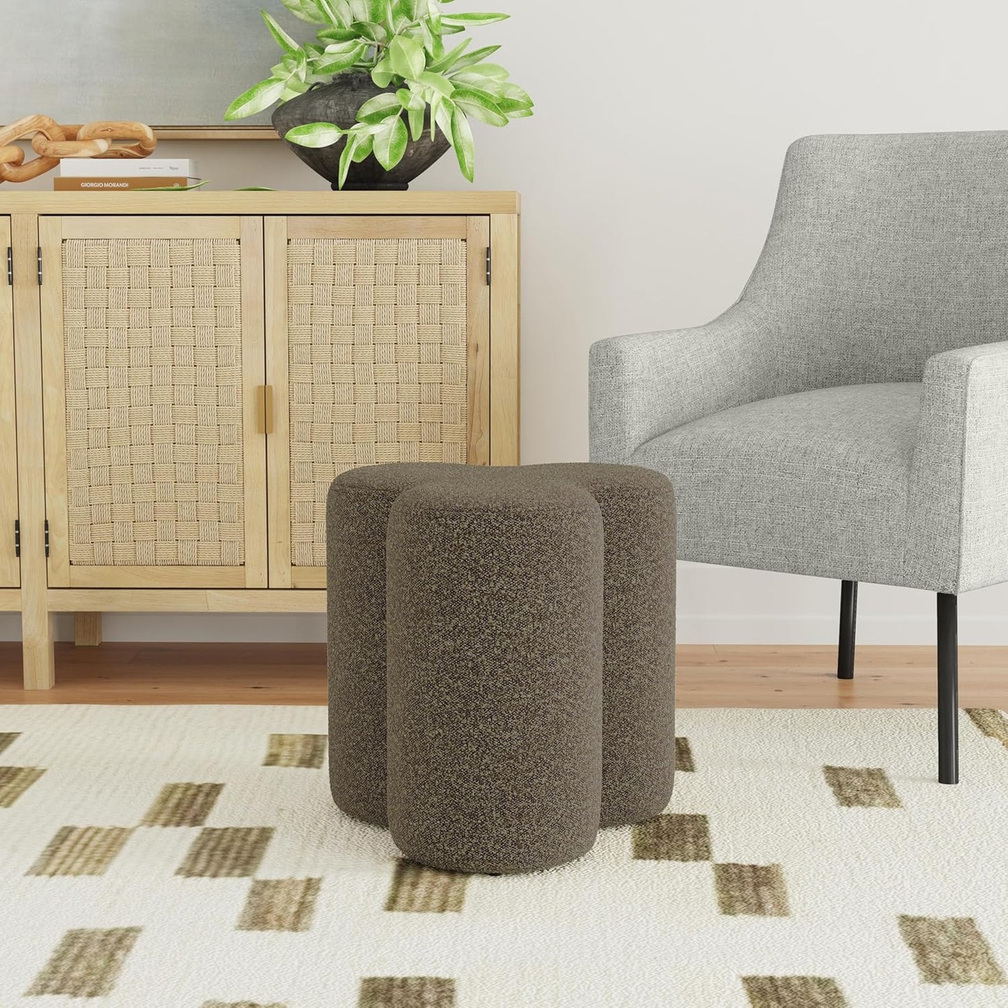 HomePop Upholstered Clover Shaped Ottoman (No Lid, Seat Only) Home Décor | Foot Rest Pouf – Dark Brown Boucle
