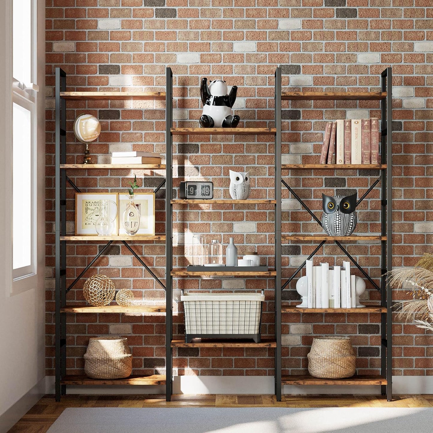 IRONCK Bookcases and Bookshelves Triple Wide 5 Tiers Industrial Bookshelf, Large Etagere Bookshelf Open Display Shelves with Metal Frame for Living Room Bedroom Home Office
