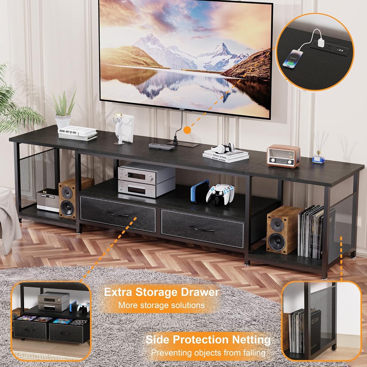 TV Stand with Drawers and Power Outlets for 75 70 65 Inch TV, Entertainment Center with Open Storage Shelves, Industrial Media TV Console Table for Living Room Bedroom Office, Black