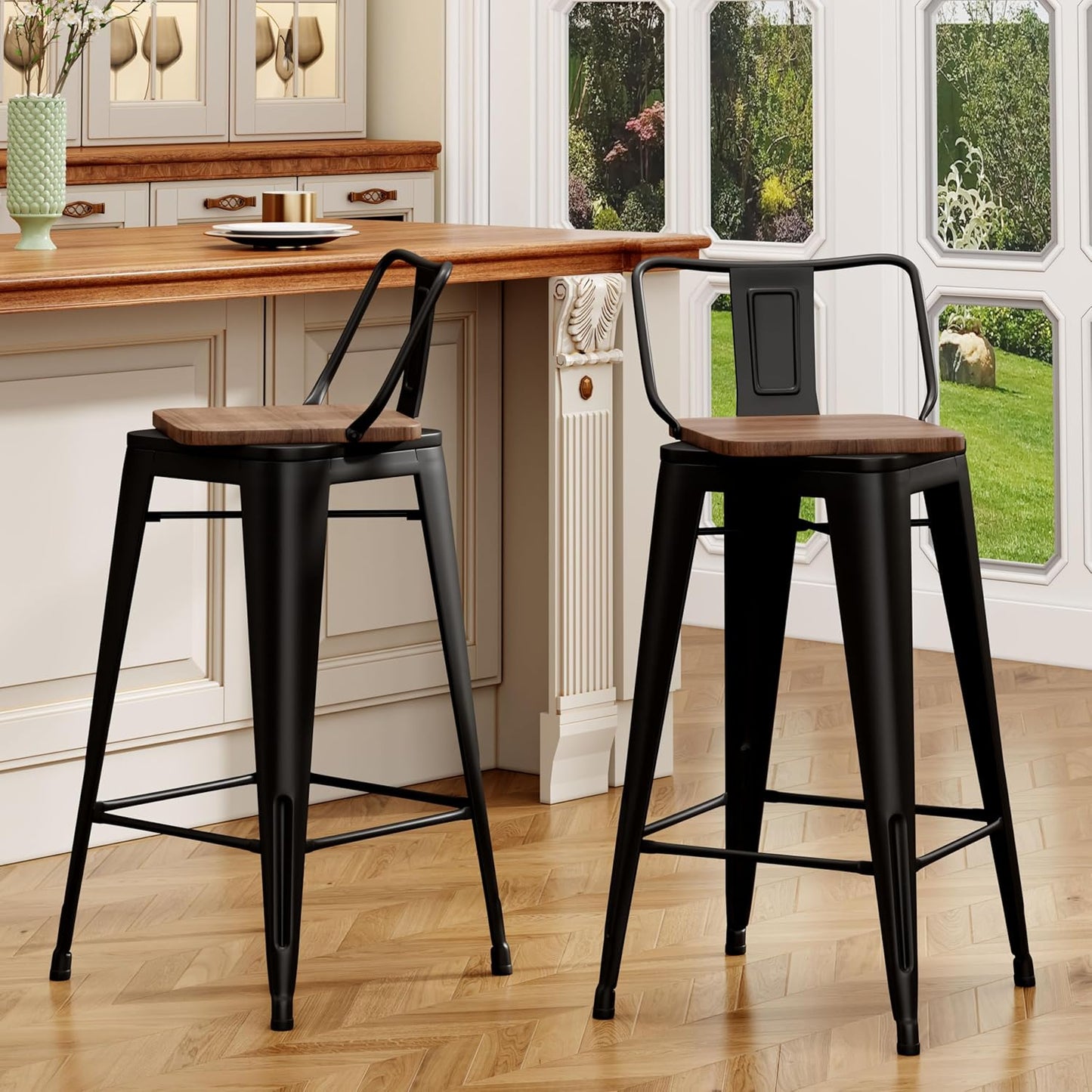 26 Inch Swivel Bar Stools Set of 2 with Backs Counter Height Industrial Metal Barstools Island Bar Chairs for Home Kitchen Dining Room (Swivel 26 inch,Matte Black Wooden)