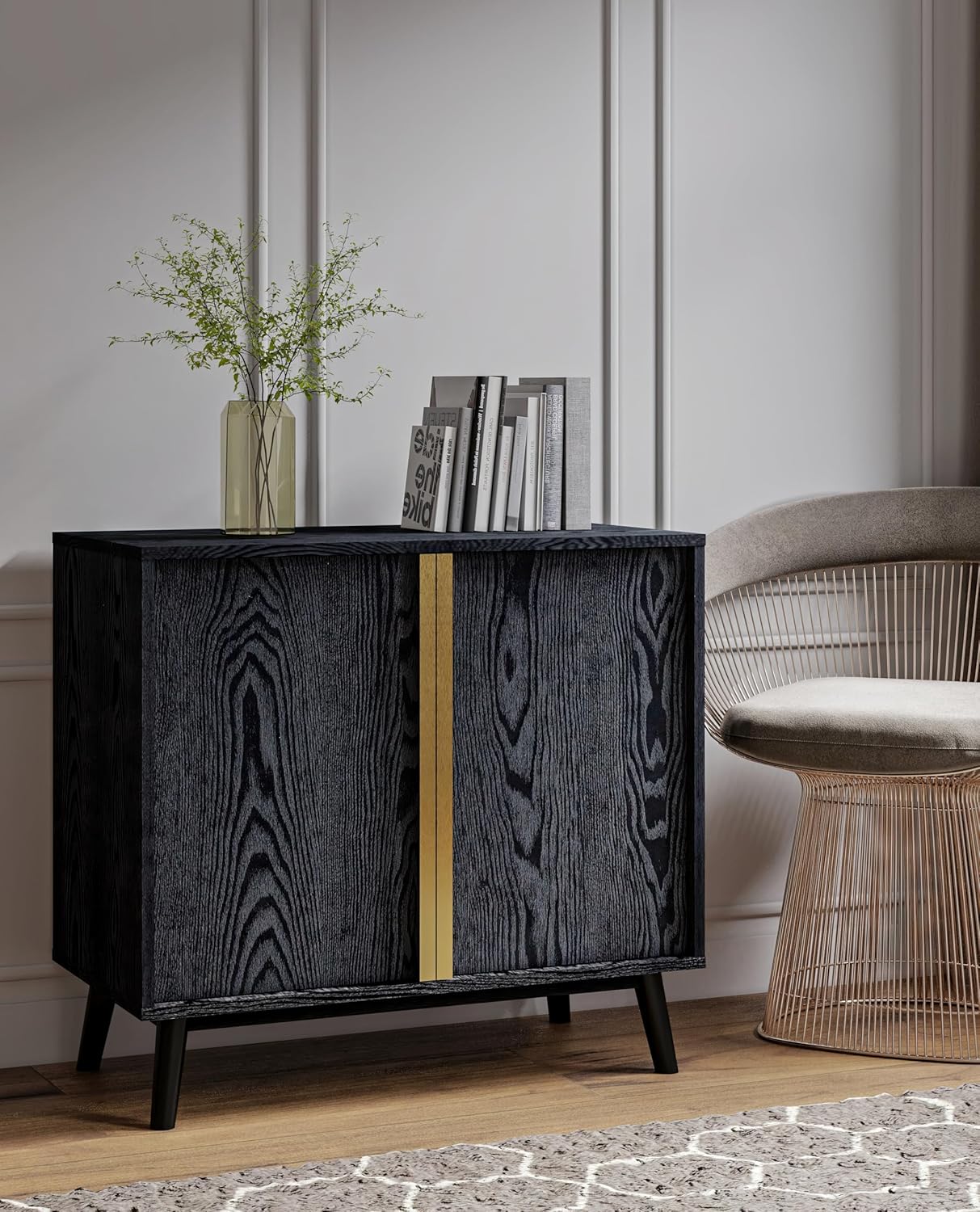 Sango Cortland 2-Door Accent Cabinet, Sleek Black Storage Cabinet with Brass Handles, Adjustable Shelf, Minimalist Mid-Century Modern Design, Stylish & Functional Furniture for Living or Dining Room