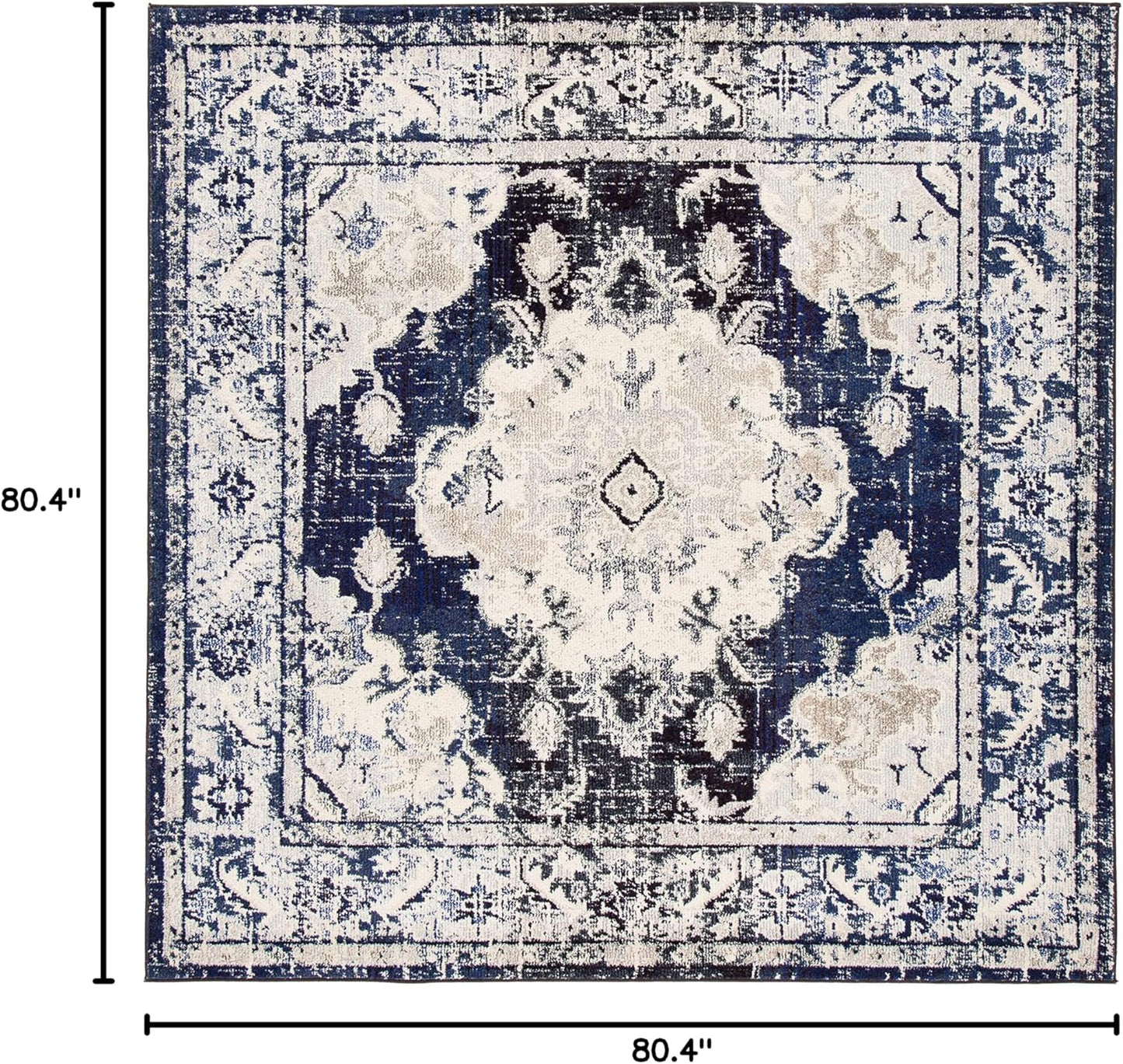 SAFAVIEH Monaco Collection Area Rug - 6'7" Square, Ivory & Navy, Boho Chic Medallion Distressed Design, Non-Shedding & Easy Care, Ideal for High Traffic Areas in Living Room, Bedroom (MNC243C)