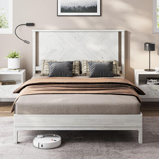 Bme Vivian 14 Inch Deluxe Bed Frame with Headboard, Rustic & Scandinavian Style with Solid Acacia Wood, No Box Spring Needed, 12 Strong Wood Slat Support, Easy Assembly, Queen, Rustic White