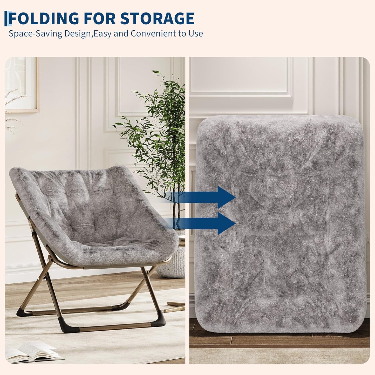 Comfy Chair for Adults, Foldable Living Room Chairs, Soft Faux Fur Folding Lounge for Bedroom Living Room Dorm Rooms, Flexible Reading Chair for Teens (2, Gray, X-Large)