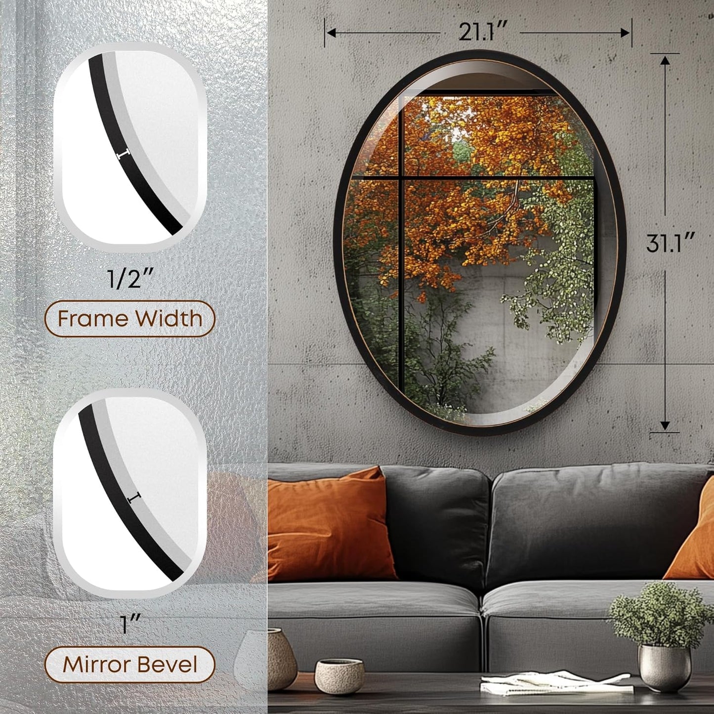 OVALCREST - Oval Wooden Beveled Wall Mirror for Home Decor, Bathroom, Vanity, Bedroom, Living Room, Hallway - London Style (Rubbed Black) 21.1 x 31.1