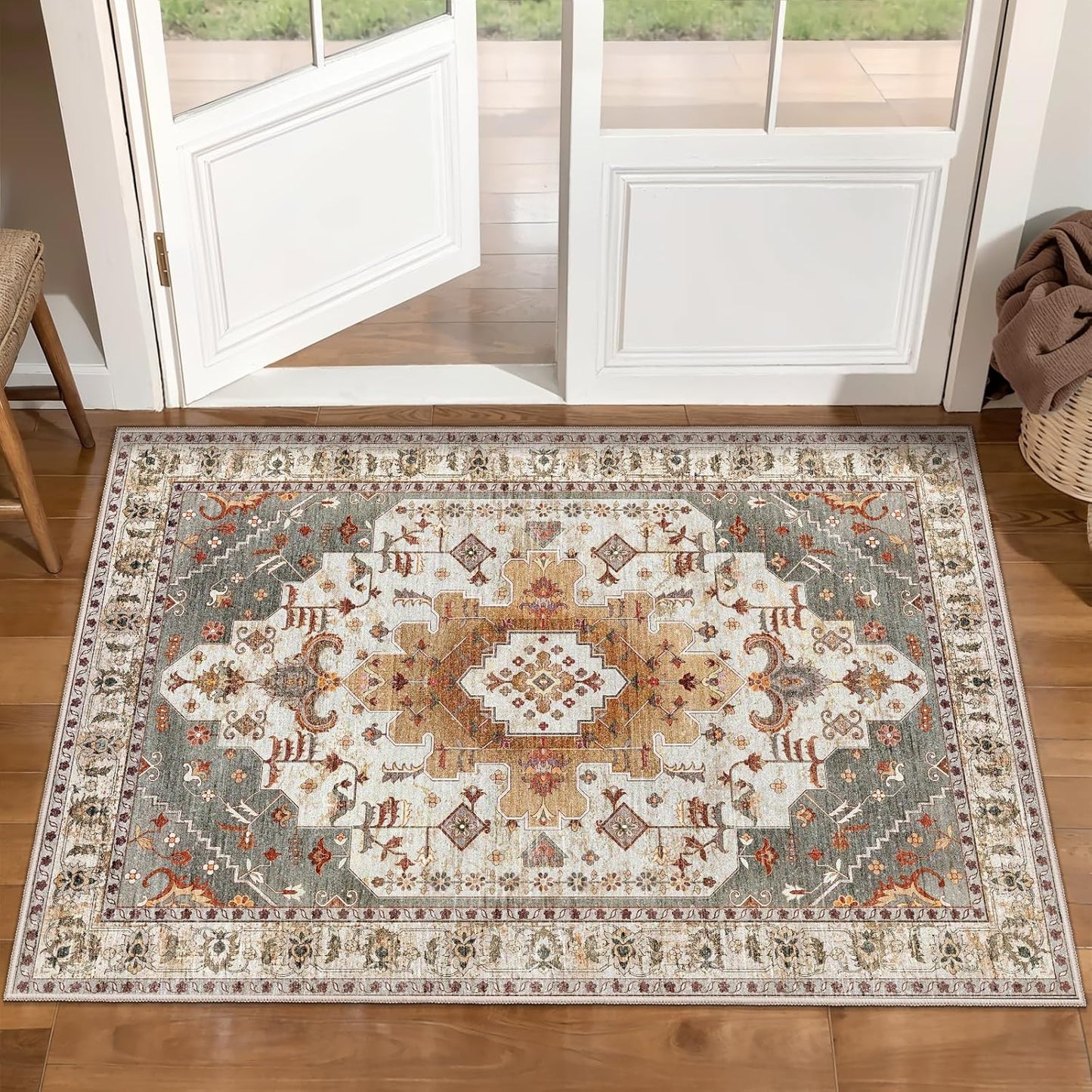 Tangsoo Vintage Rug 2x3 Washable for Entryway, Non Slip Small Area Rug, Indoor Front Door, Print Distressed Turmeric Door Mat Carpet, Soft Low Pile Rugs for Entrance Kitchen Bedroom Bathroom