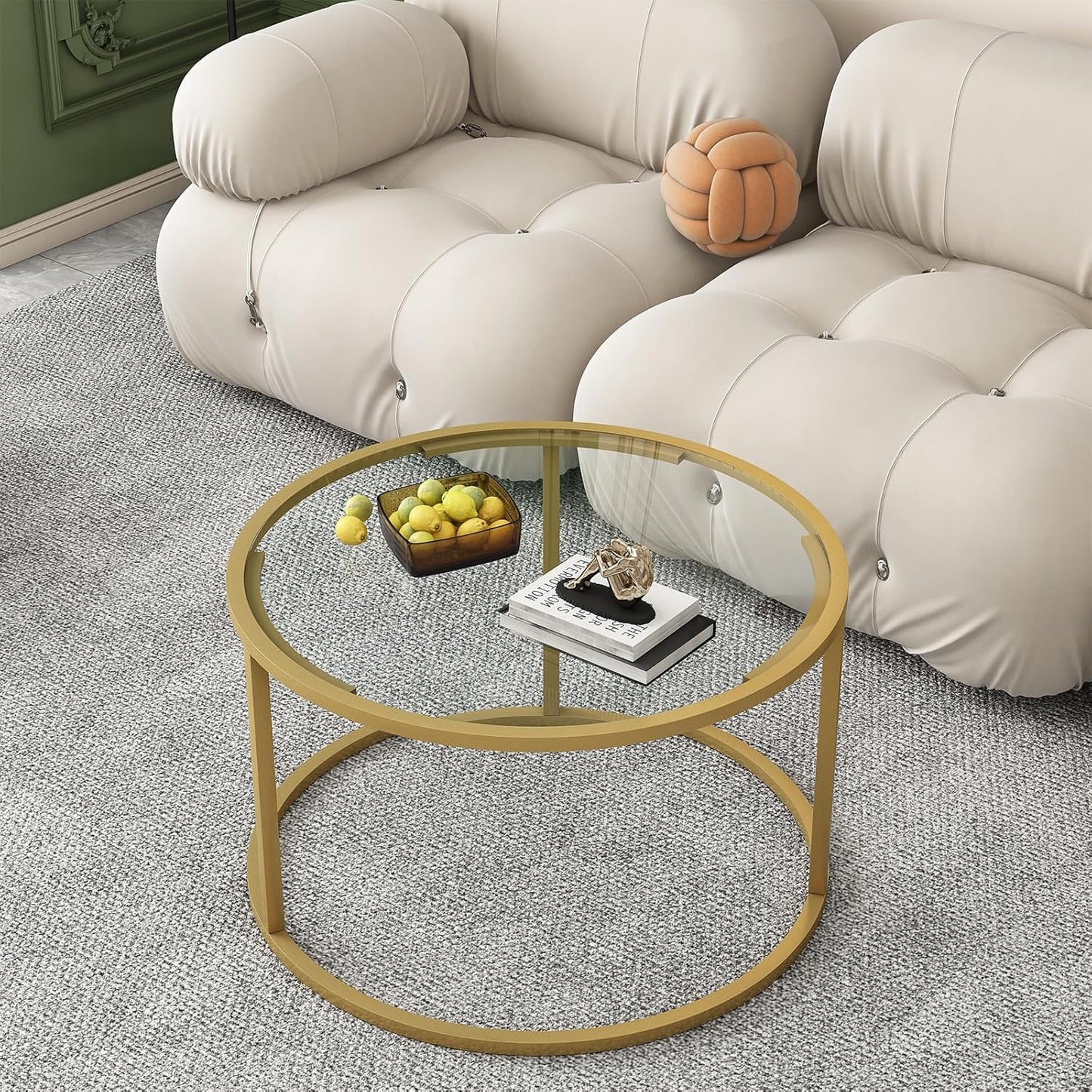 Glass Coffee Table,Round Gold Coffee Table for Small Space,27" Modern Center Table,Glass Top Clear Coffee Table with Sturdy Metal Frame for for Living Room Home Office, Easy Assembly