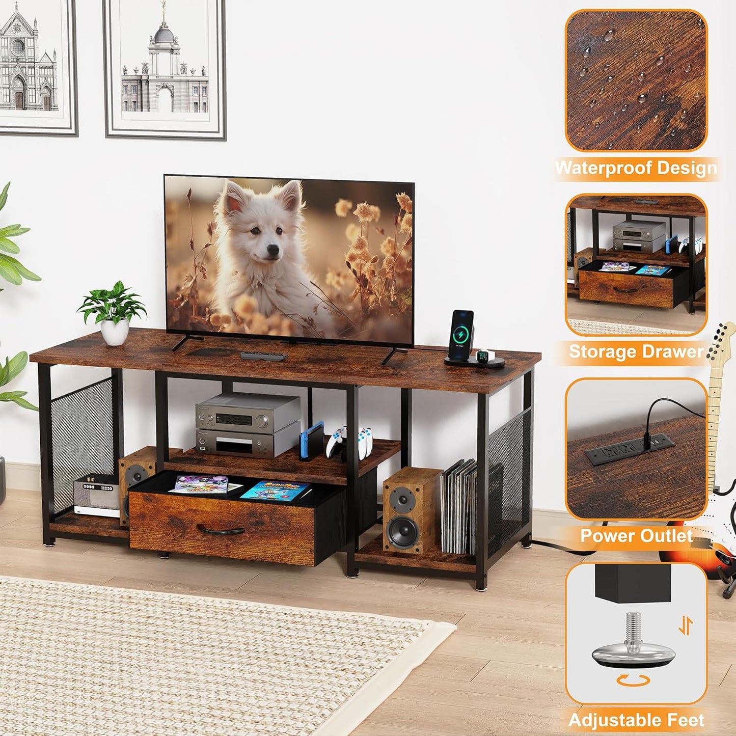 TV Stand with Drawers and Power Outlet for 65 60 55 Inch TV, Entertainment Center with Open Storage Shelves, Industrial Media TV Console Table for Living Room Bedroom Office, Rustic Brown