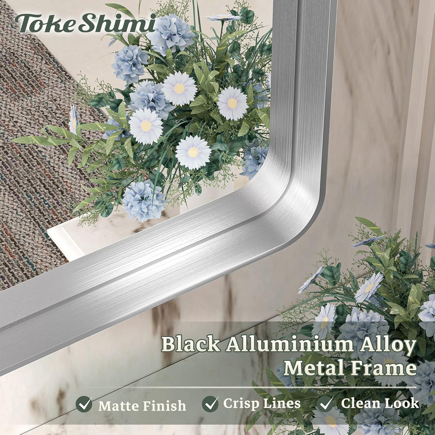 TokeShimi 24 x 32 Inch Brushed Silver Bathroom Mirror for Wall Brushed Brass Metal Rounded Corner Rectangle Mirror Metal Frame Deep Set Design Hangs Horizontal Or Vertical