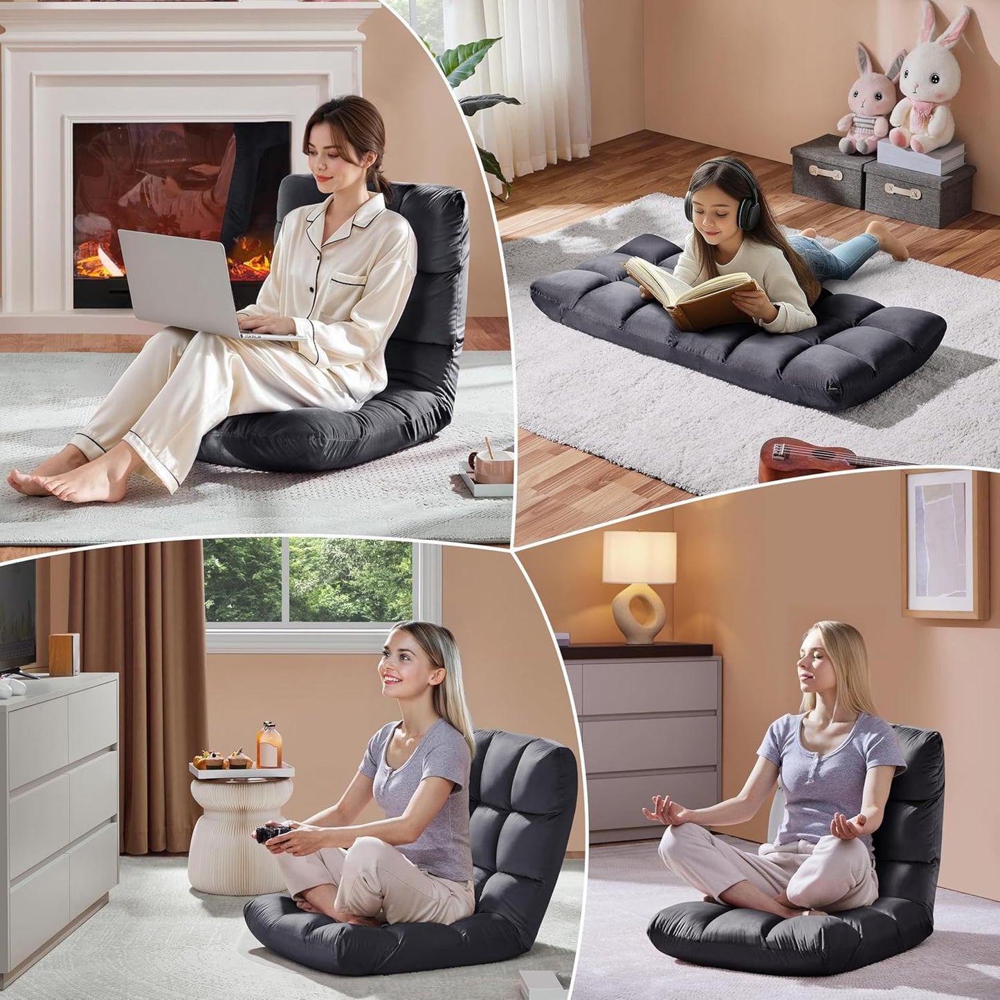 Yaheetech Padded Floor Chair with Back Support, Lounge Chairs Armless Meditation Cushion with Memory Foam, Adults Video Gaming Sofa Chair with Adjustable Backrest Floor Seating, Gray, 2pcs