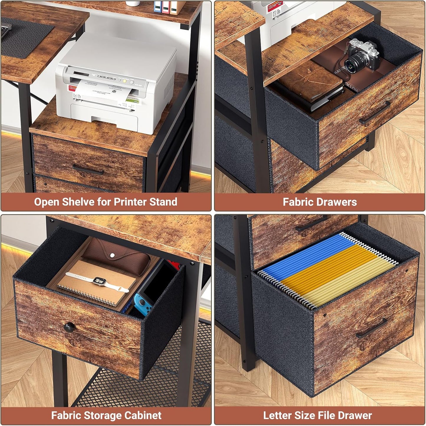 Aheaplus Computer Desk with 3 Drawers, Home Office Desk with File Drawer & Power Outlet, 59'' Gaming Desk with Led Lights, Long Work Desk with Storage, Printer Cabinet and Monitor Shelf, Rustic Brown