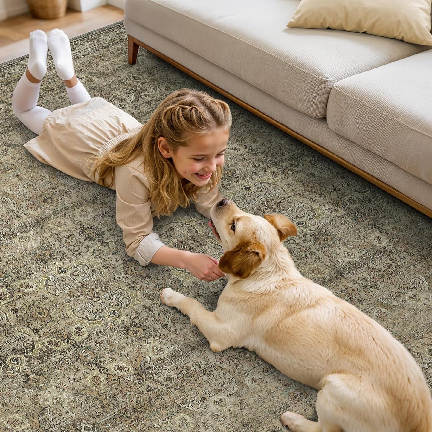 8X10 Area Rugs Machine Washable Rugs for Living Room, Vintage Boho Large Rugs for Bedroom Dining Room, Non Slip Indoor Soft Distressed Lightweight Thin Low Pile Carpet, Muted Sage