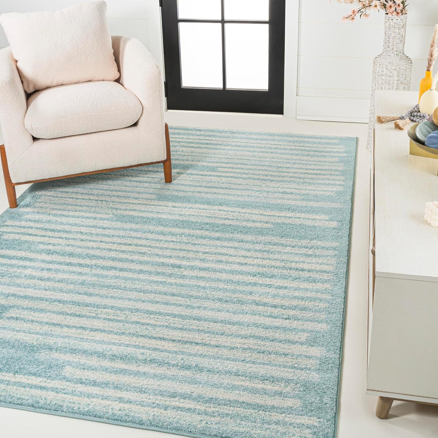 JONATHAN Y Khalil Modern Berber Stripe Turquoise/Cream Indoor Area Rug, 8x10, Contemporary, Bohemian, Easy-Cleaning for Living Room, Bedroom, Kitchen, Pet Friendly, Non-Shedding (MOH207D-8)