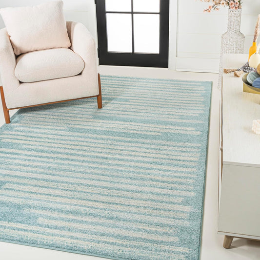 JONATHAN Y Khalil Modern Berber Stripe Turquoise/Cream Indoor Area Rug, 8x10, Contemporary, Bohemian, Easy-Cleaning for Living Room, Bedroom, Kitchen, Pet Friendly, Non-Shedding (MOH207D-8)