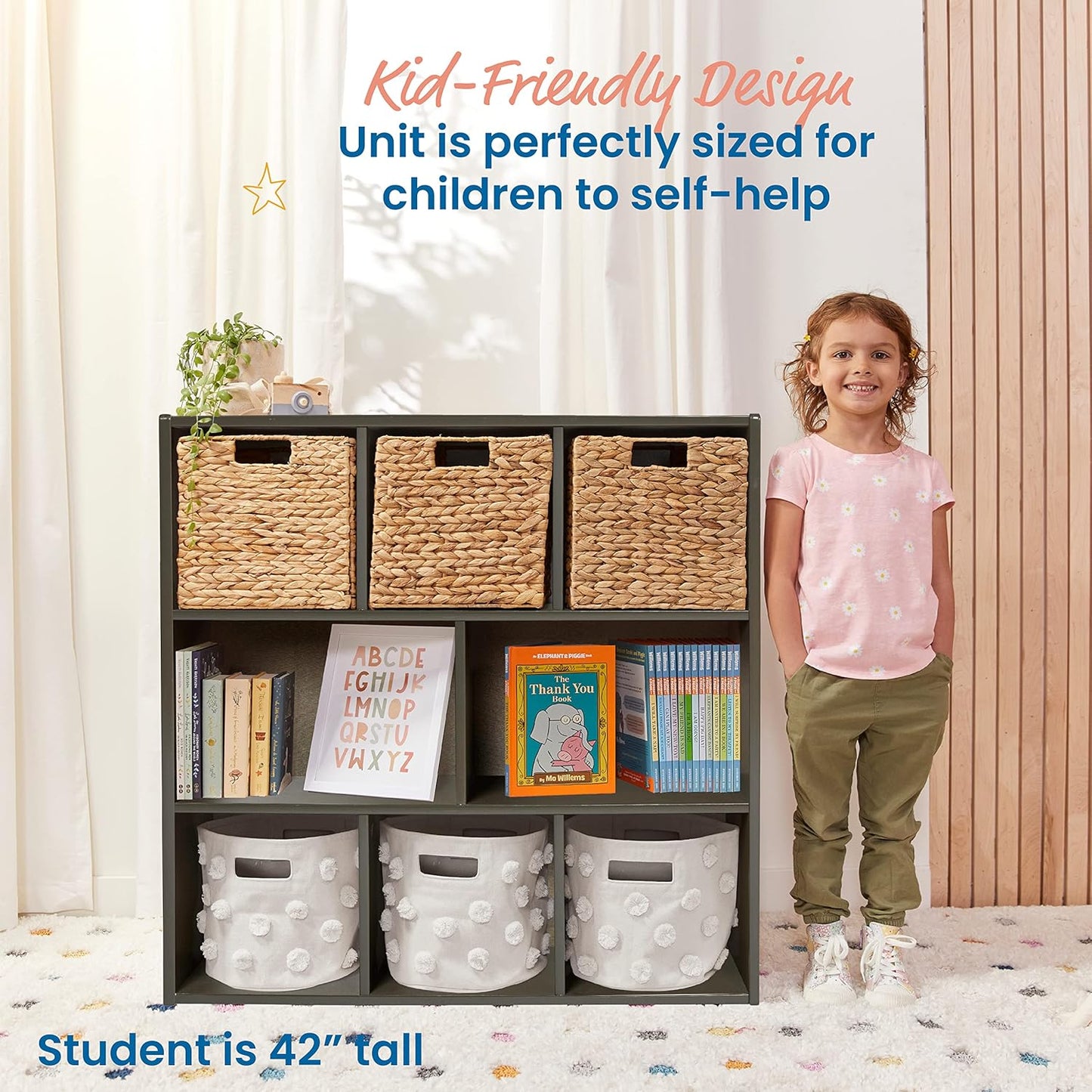 ECR4Kids Streamline 8-Compartment Storage Cabinet, 36in, Classroom Furniture, Grey Wash