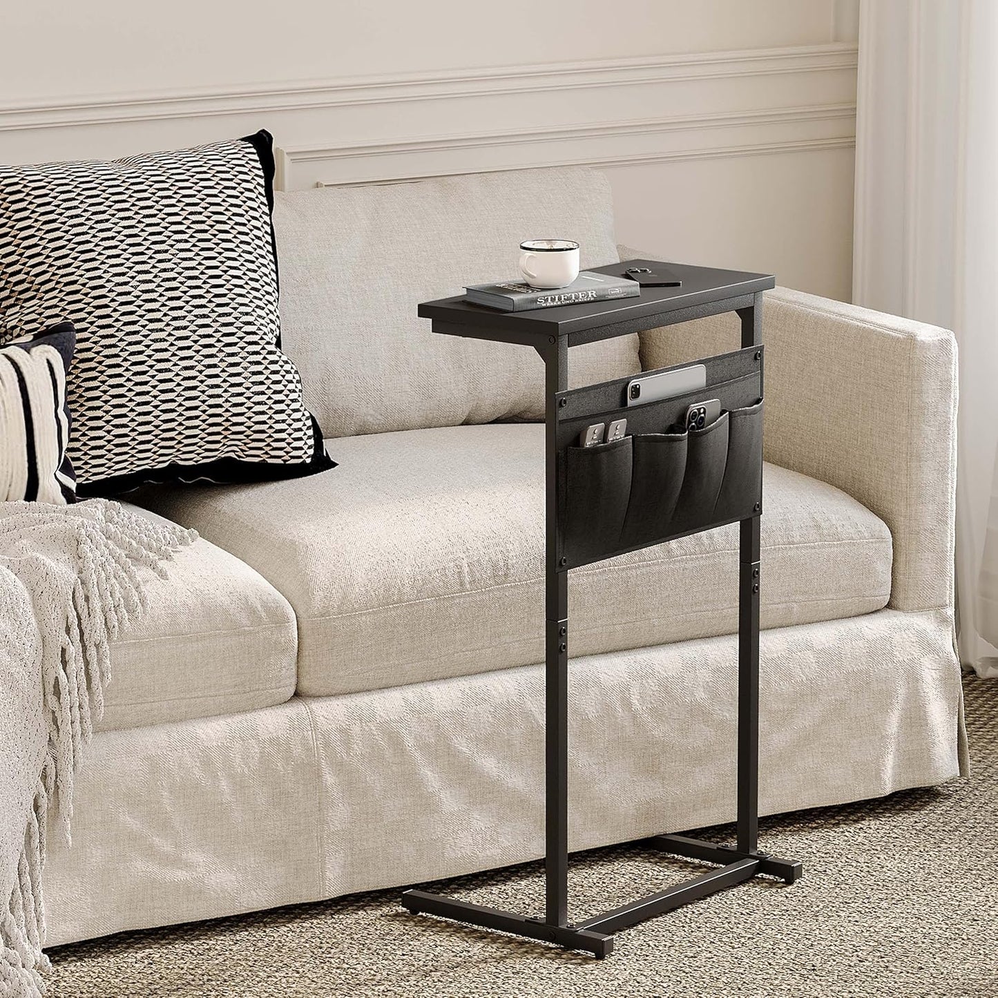 C Shaped End Table Set of 2, Side Table for Sofa, Small TV Tray, Couch Table with Storage Bag for Small Space, Living Room, Bedroom, Home Office LET501B (2 Black)