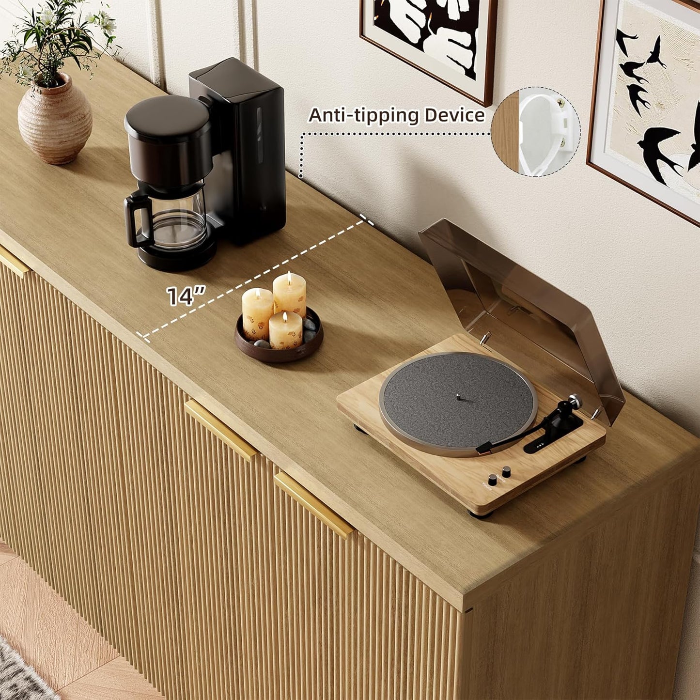 Sideboard Buffet Cabinet with Storage, 4 Doors Wood Entryway Cabinet, Modern Accent Cabinet with Solid Wood Feet & Adjustable Shelves, Multifunctional Console Table for Living Room, Kitchen, Hallway