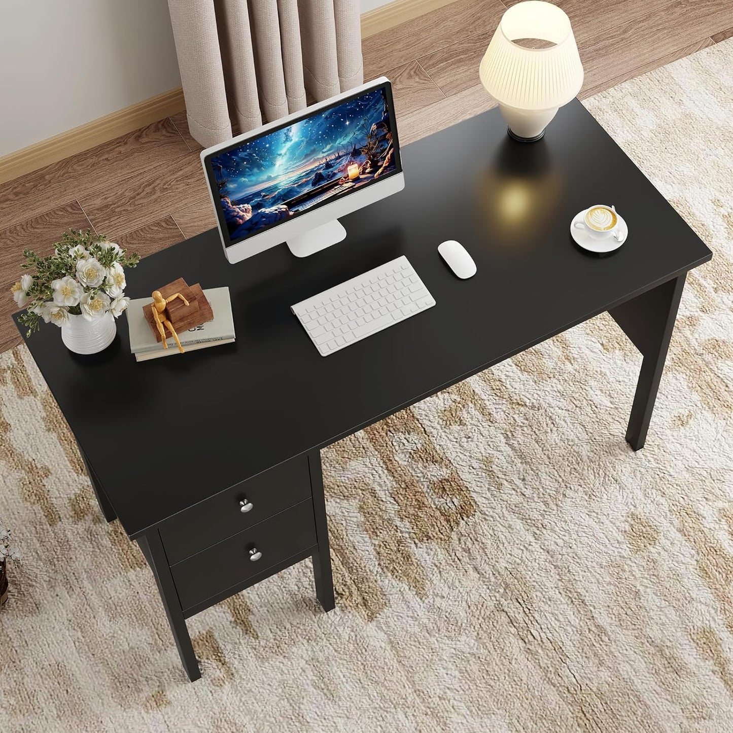 BHG Computer Desk with Drawers,Modern White Home Office Desk with Storage Filing Cabinet, Vanity Desk Makeup Dressing Table for Bedroom,Small Writing Table PC Desks for Study (Black, 43.3")