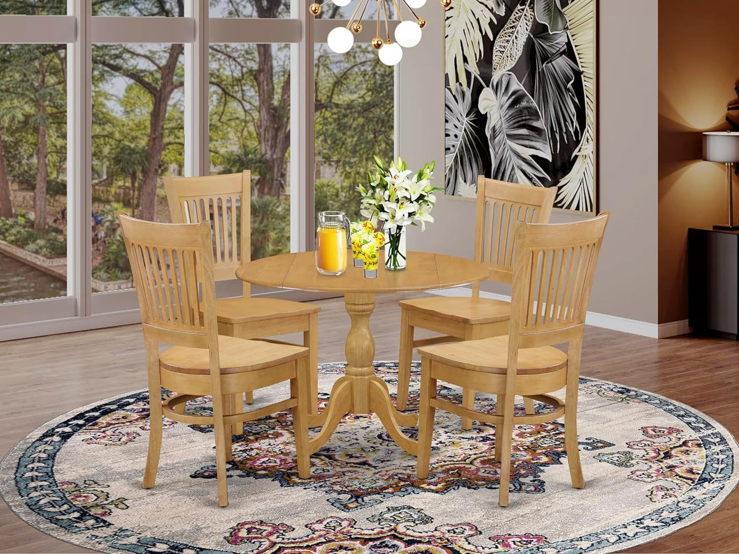 East West Furniture DMVA5-OAK-W 5 Piece Modern Dining Table Set Includes a Round Wooden Table with Dropleaf and 4 Kitchen Dining Chairs, 42x42 Inch, Oak