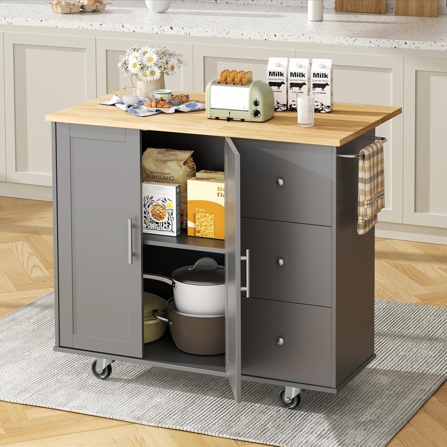 Shintenchi Kitchen Island with Folding Drop Leaf, Rolling Island Table with Storage, Kitchen Cabinet on Wheels with Seating Area for Kitchen, Bar Cart with Cabinet, Gray