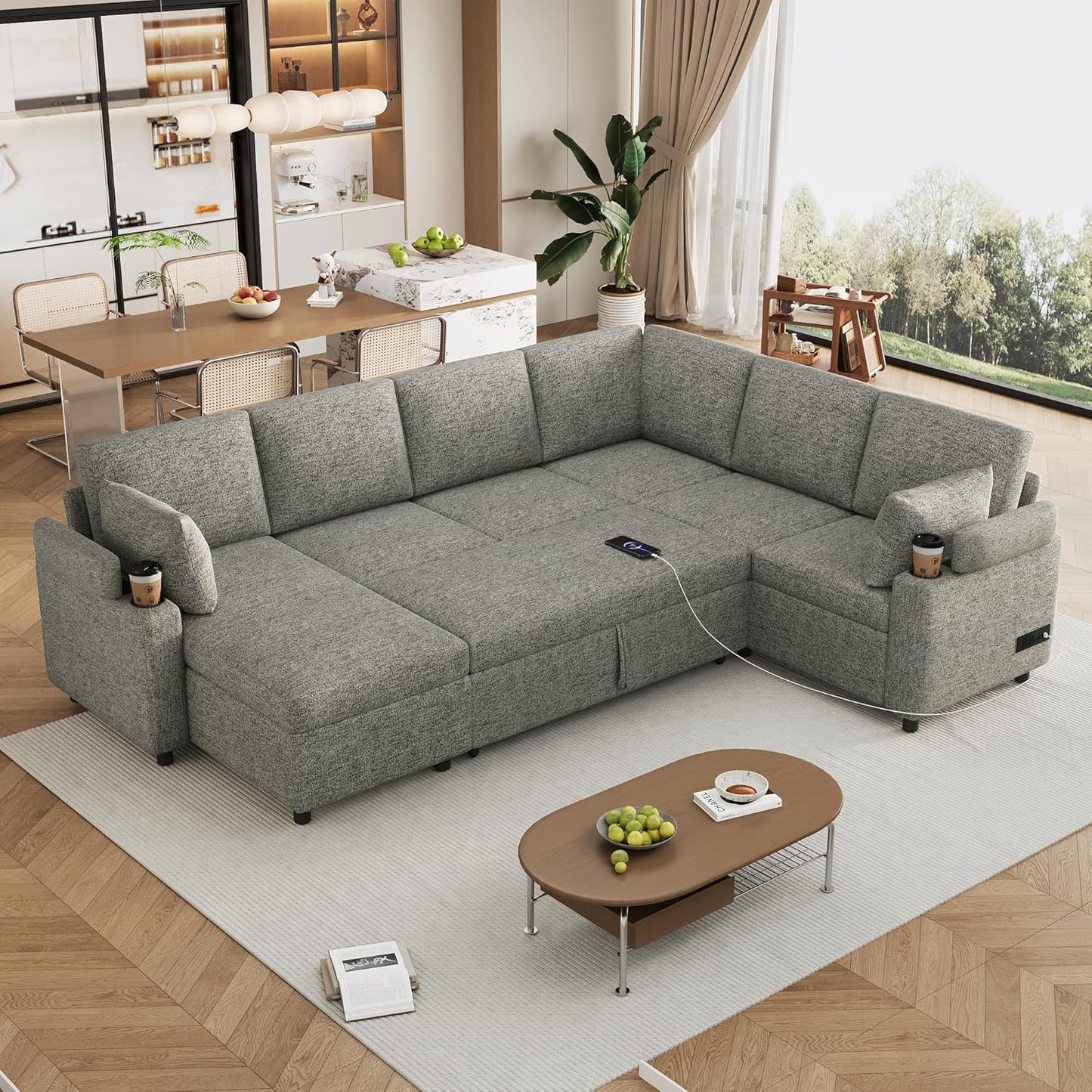 Eafurn Oversized U Shaped Sectional Sleeper Sofabed Pull Out Couch Bed for Living Room 6 Seater Upholstered Convertible Pullout Lounge Sofa Couch w/Storage Chaise, USB Ports for Living Room Apartment