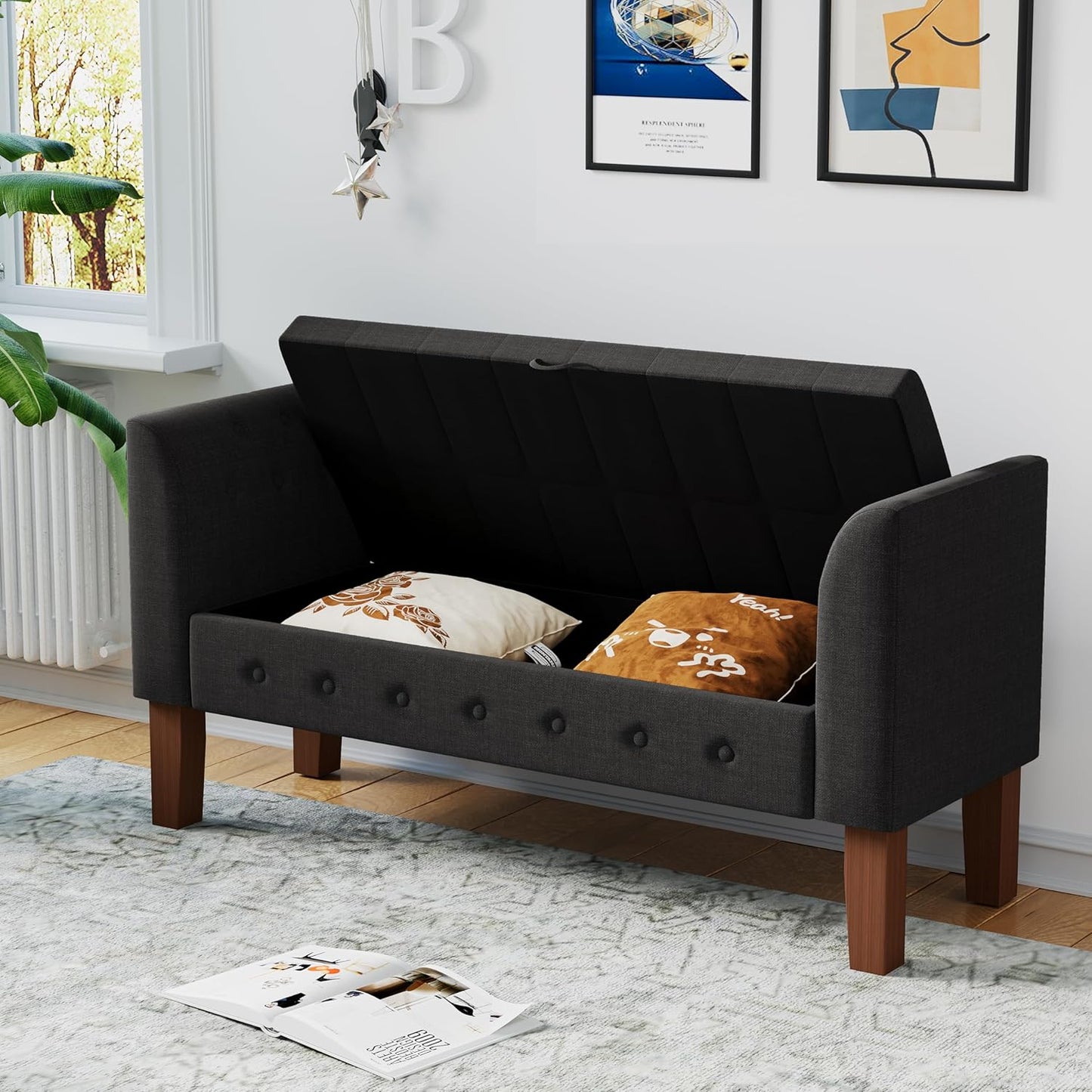 Awonde Storage Bench for Bedroom End of Bed Button Tufted Upholstered Bench Storage Ottoman Bench with Arms 52" Settee Bench Gray Linen