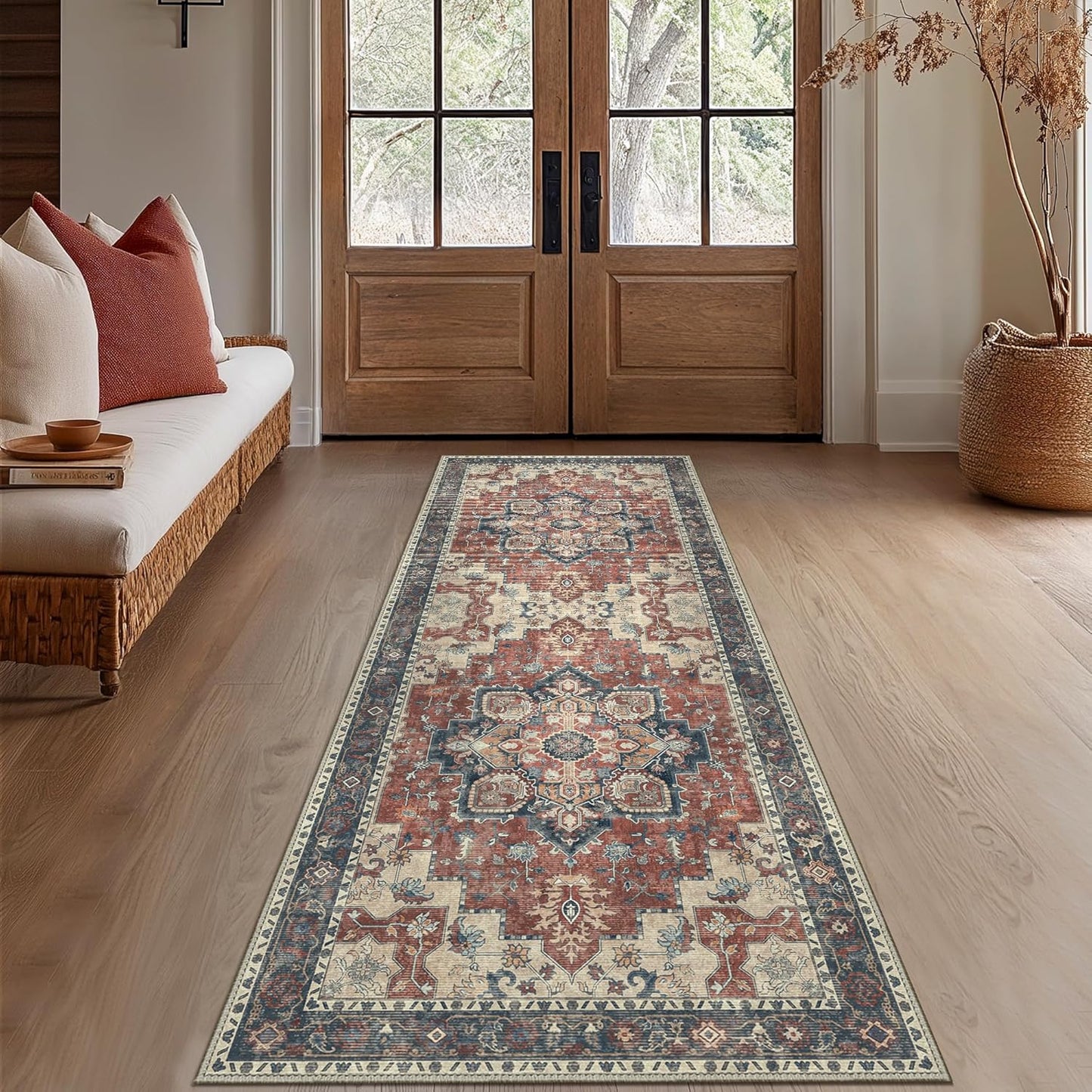 GENIMO 2x10 Runner Rugs for Hallway, Machine Washable Non Slip Vintage Rugs, Low Pile Lightweight Soft Print Rug for enrtyway, Corridor, Home Office, Kitchen, Bordeaux