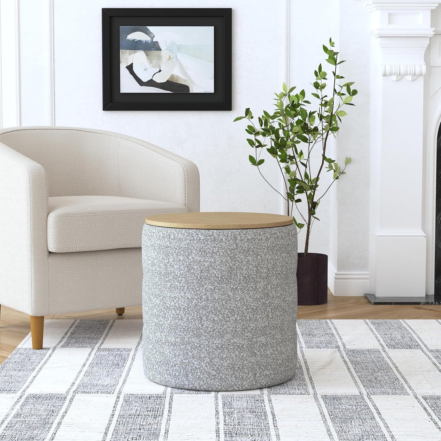 HomePop Channel Storage Ottoman with Wood Top - Cream Boucle with Gray Yarns