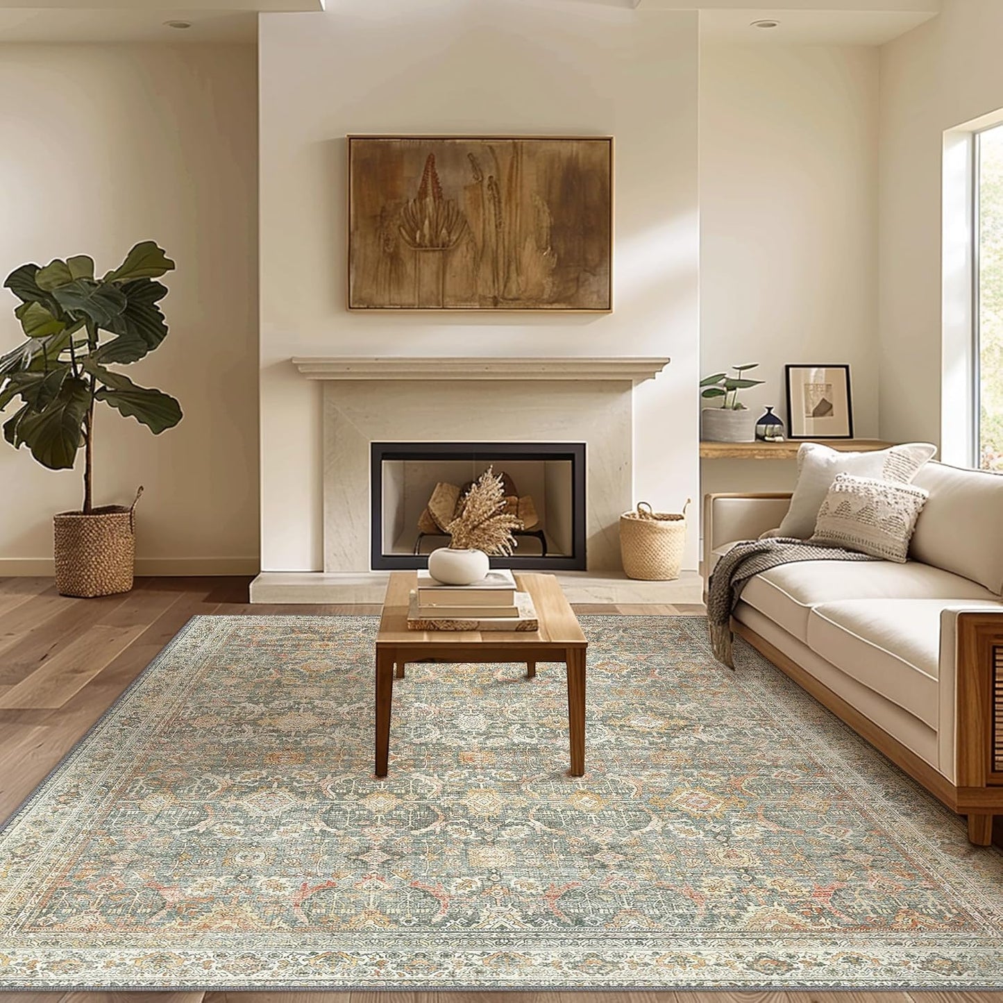 5X7 Area Rugs Machine Washable Rugs for Living Room, Vintage Boho Large Rugs for Bedroom Dining Room, Non Slip Indoor Soft Distressed Lightweight Thin Low Pile Carpet, Turmeric