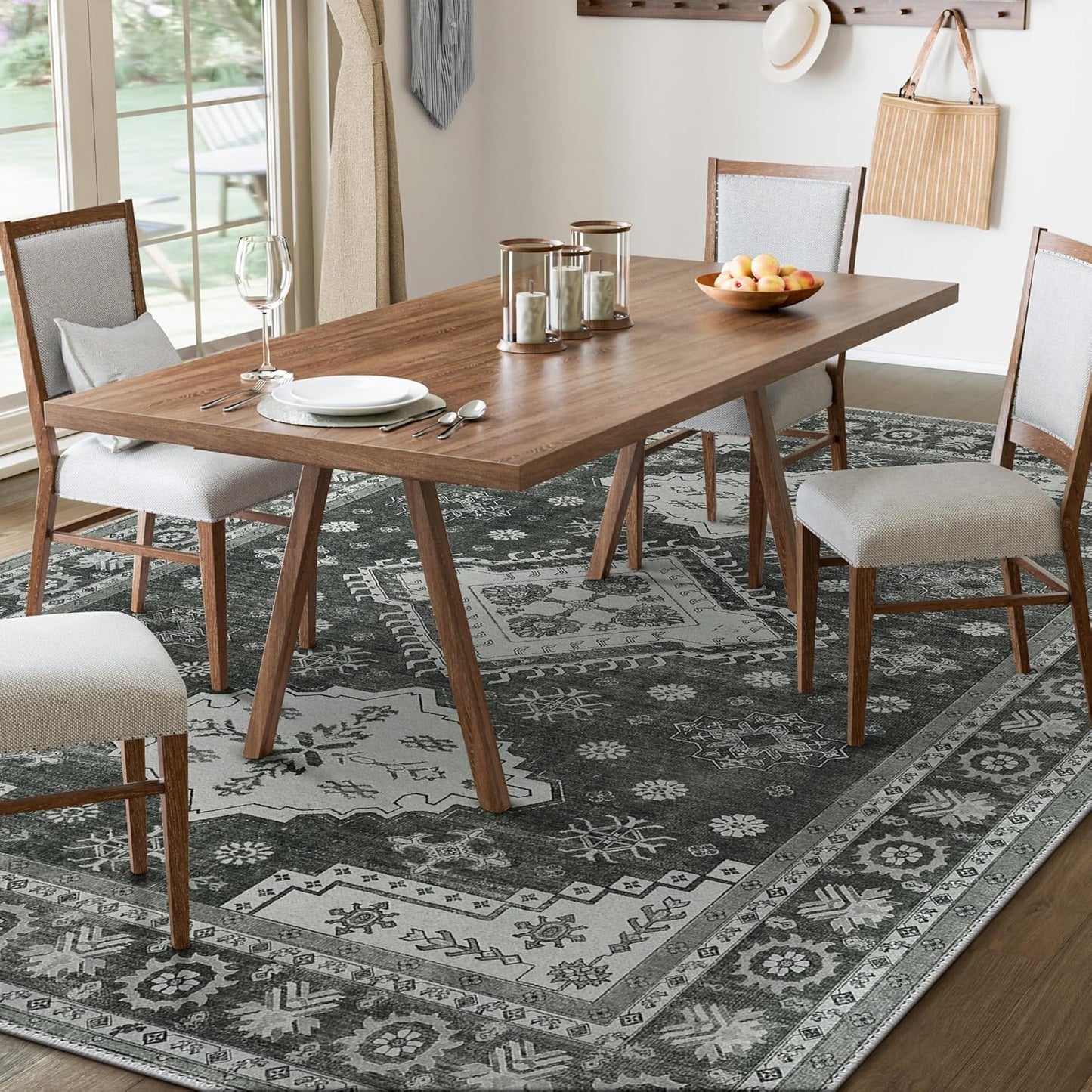 GENIMO Washable Rug 8X10 Area Rugs for Living Room Bedroom, Machine Washable Area Rug, Print Vintage Tribal Aesthetic Carpet, Low Pile Mat with Non Slip Rubber Backing, Distressed Charcoal