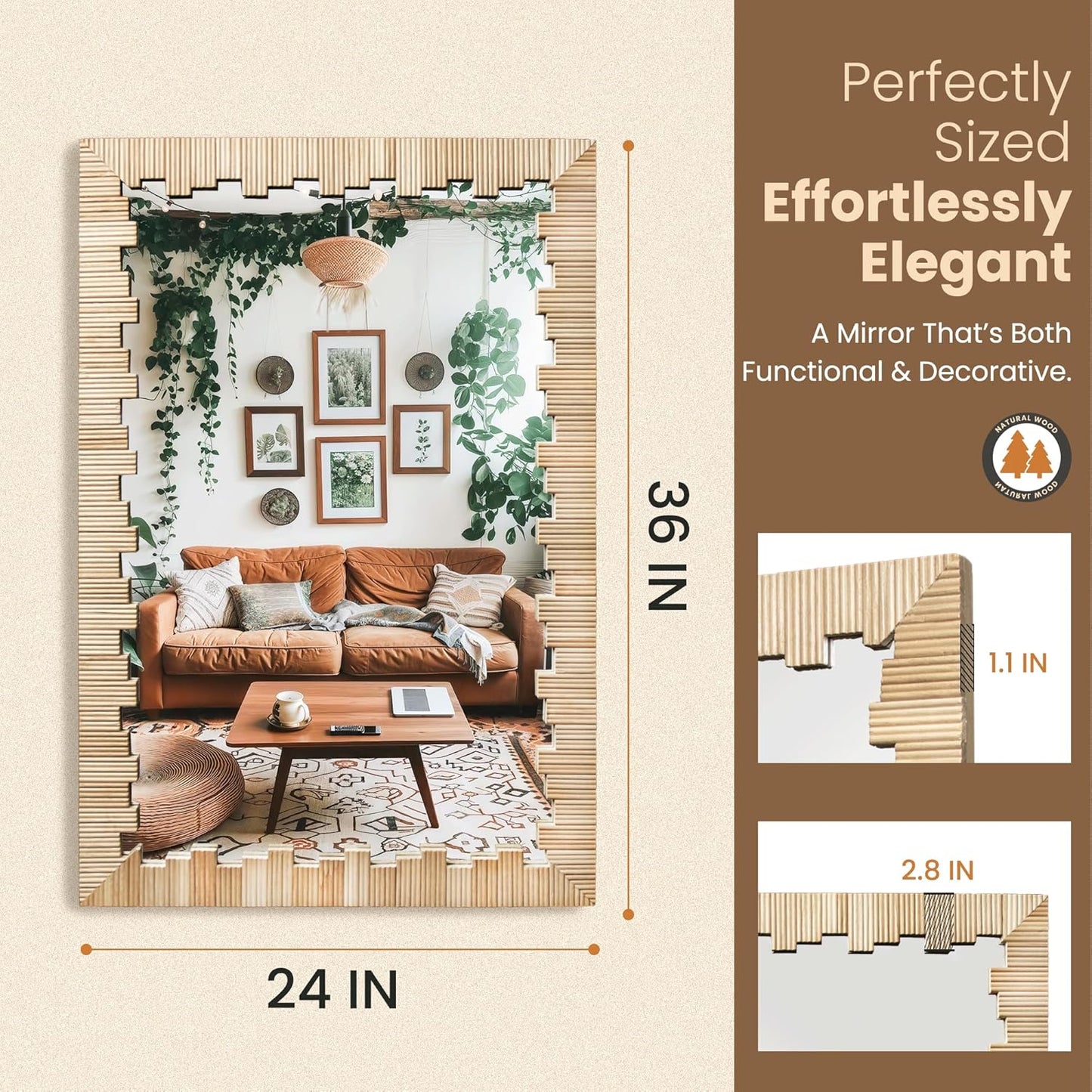 Boho Wall Mirror with Wood Frame, 36"x24" Faux Rattan Decorative Vanity Mirror for Bathroom, Living Room, Bedroom, Entryway(Rectangle)