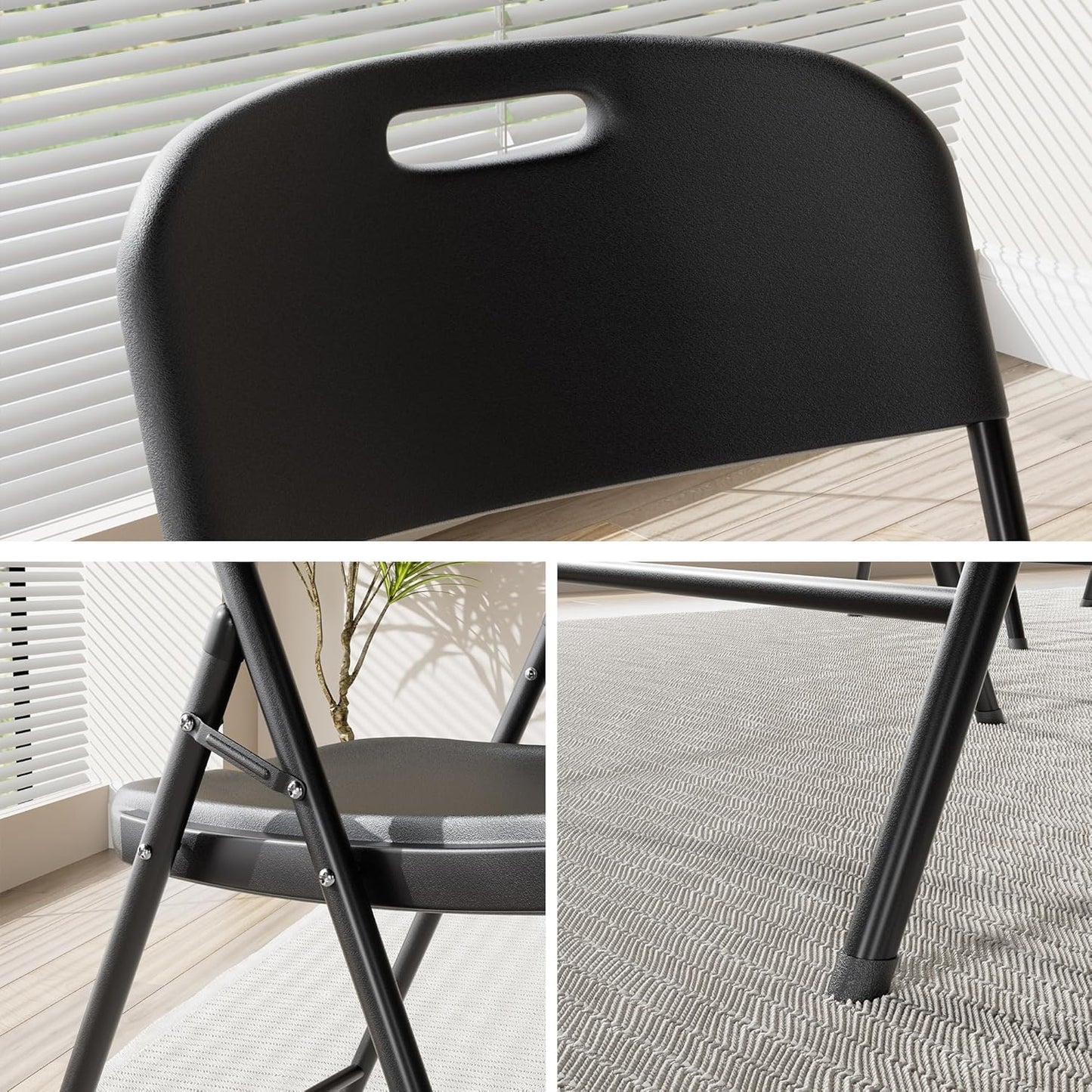 VECELO 4 Pack Folding Chairs, Indoor/Outdoor Use Plastic Seat with Steel Frame, for Events, Office, Wedding, Party, Stackable & Portable, Black