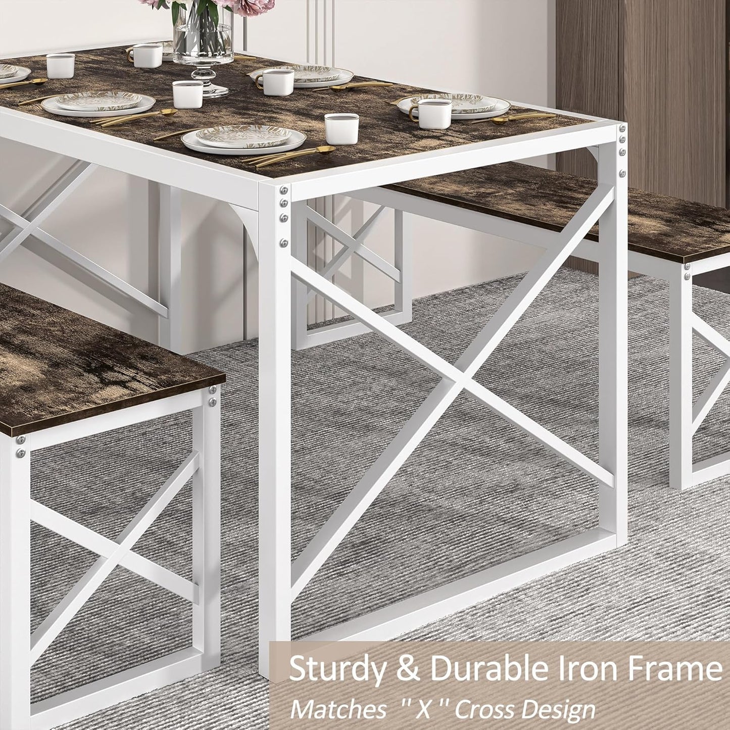 VECELO Kitchen Dining Table Set for 4 to 6, 55" Wood Dinette 2 Benches with Metal Frame for Dinner Breakfast Nook and Small Space, Dark Brown