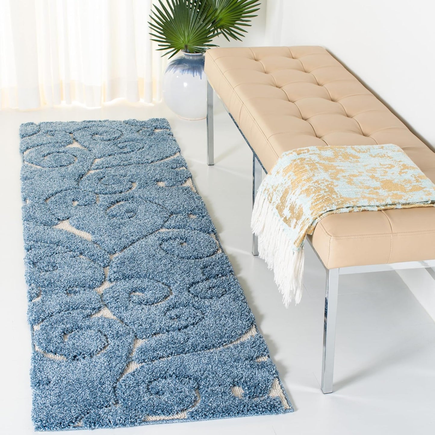 SAFAVIEH Florida Shag Collection Runner Rug - 2'3" x 13', Light Blue & Cream, Scroll Design, Non-Shedding & Easy Care, 1.2-inch Thick Ideal for High Traffic Areas in Living Room, Bedroom (SG455-6011)