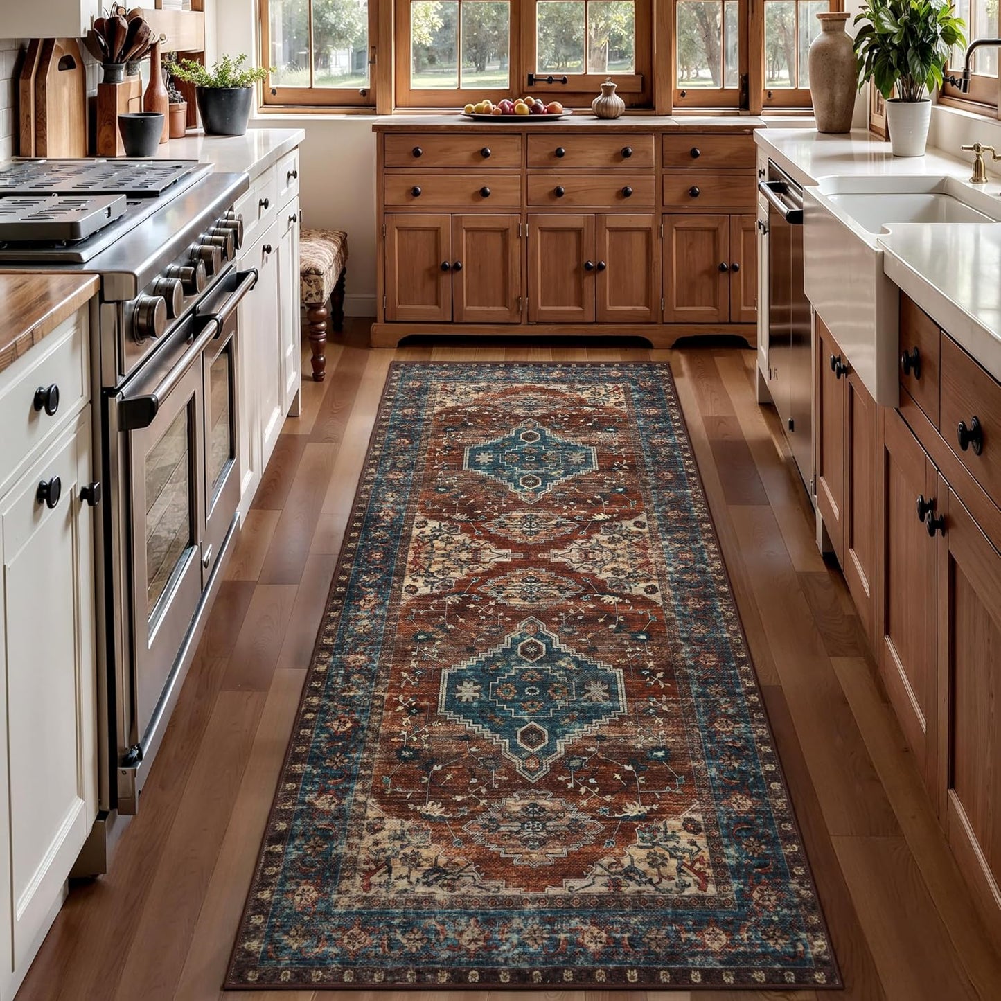 Tangsoo 2x6 Washable Runner Rug for Hallways, Non Slip Vintage Runner Rug, Soft Low Pile Long Rug Runner, Print Distressed Carpet Runners for Kitchen Bedroom Entryway Bathroom Living Room Rust