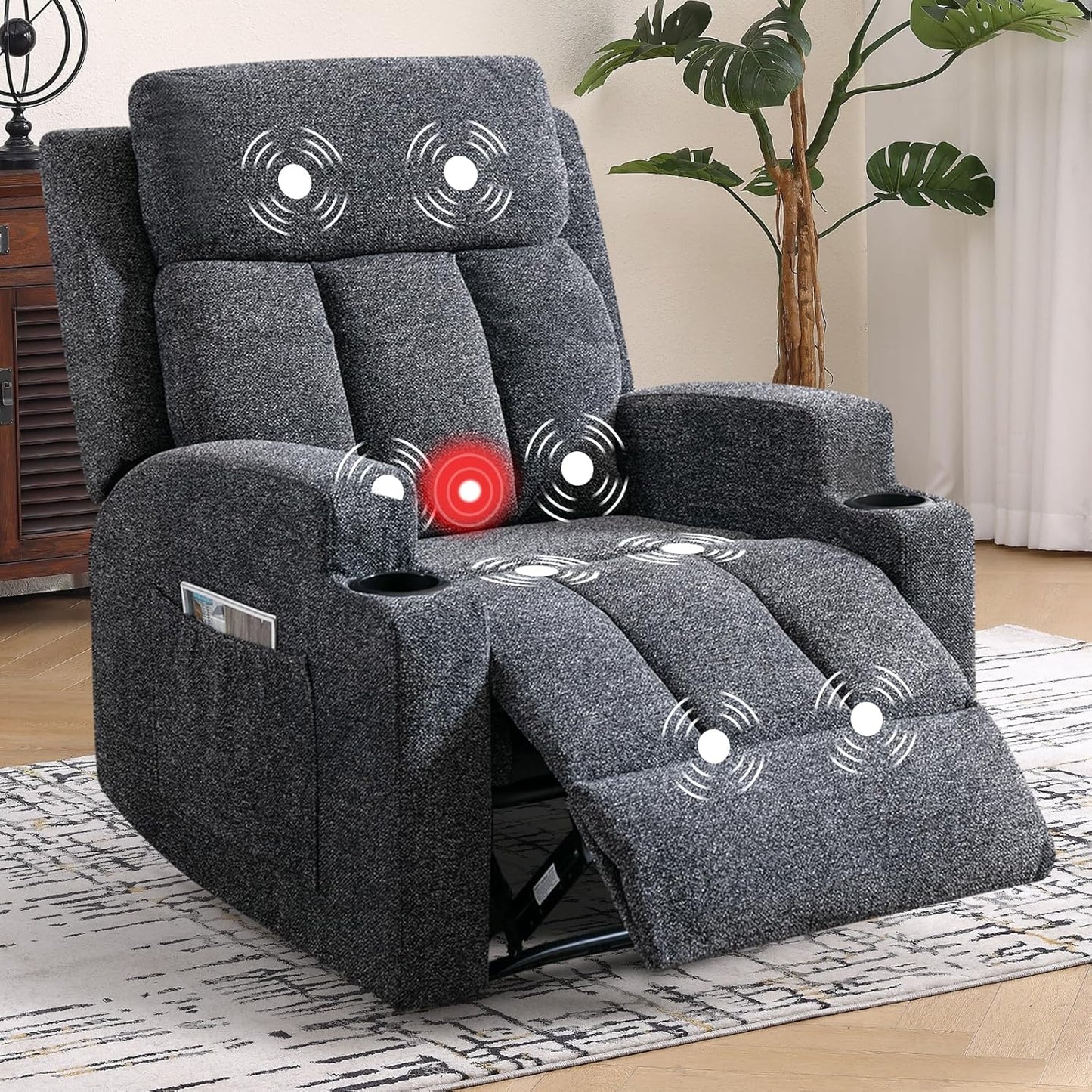Phoenix Home Manual Recliner Chair Set of 2 with Massage and Heat, Ergonomic Overstuffed Breathable Fabric Recliner Single Sofa with 2 Cup Holders, Living Room Lounge Recliners on Clearance, Dark Gray