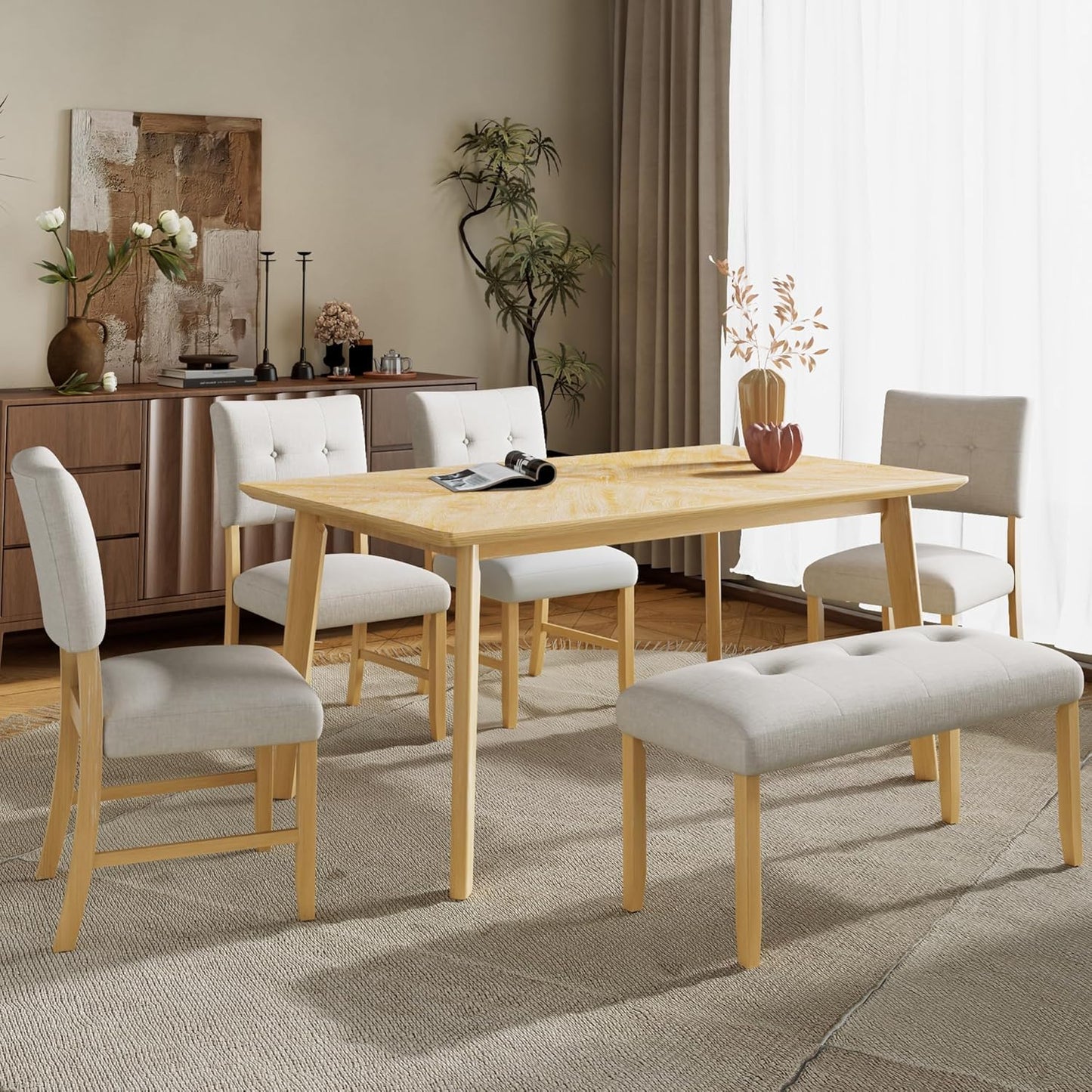 Ball & Cast 6 Piece Dining Room Table Set for 6,Rustic Farmhouse Dining Room Rectangular Table with Upholstered Chairs and Bench,Wood Dining Furniture for Kitchen,Natural Wood Wash