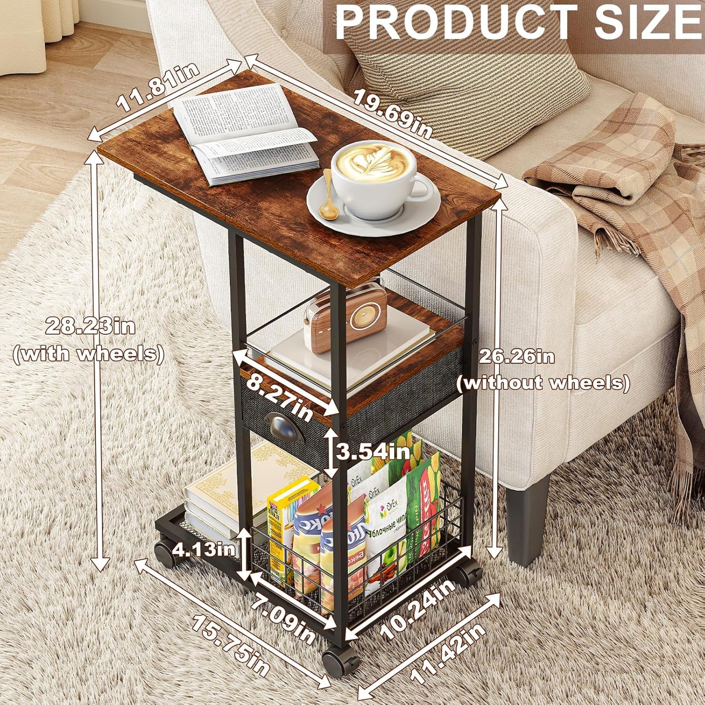 C Shaped Sofa Side Table: Couch End Table with Drawer - Bedside Table with Wheels - 19.7''L x 11.8''W x 28''H - C Mobile Tables with Storage Basket for Living Room Bedroom