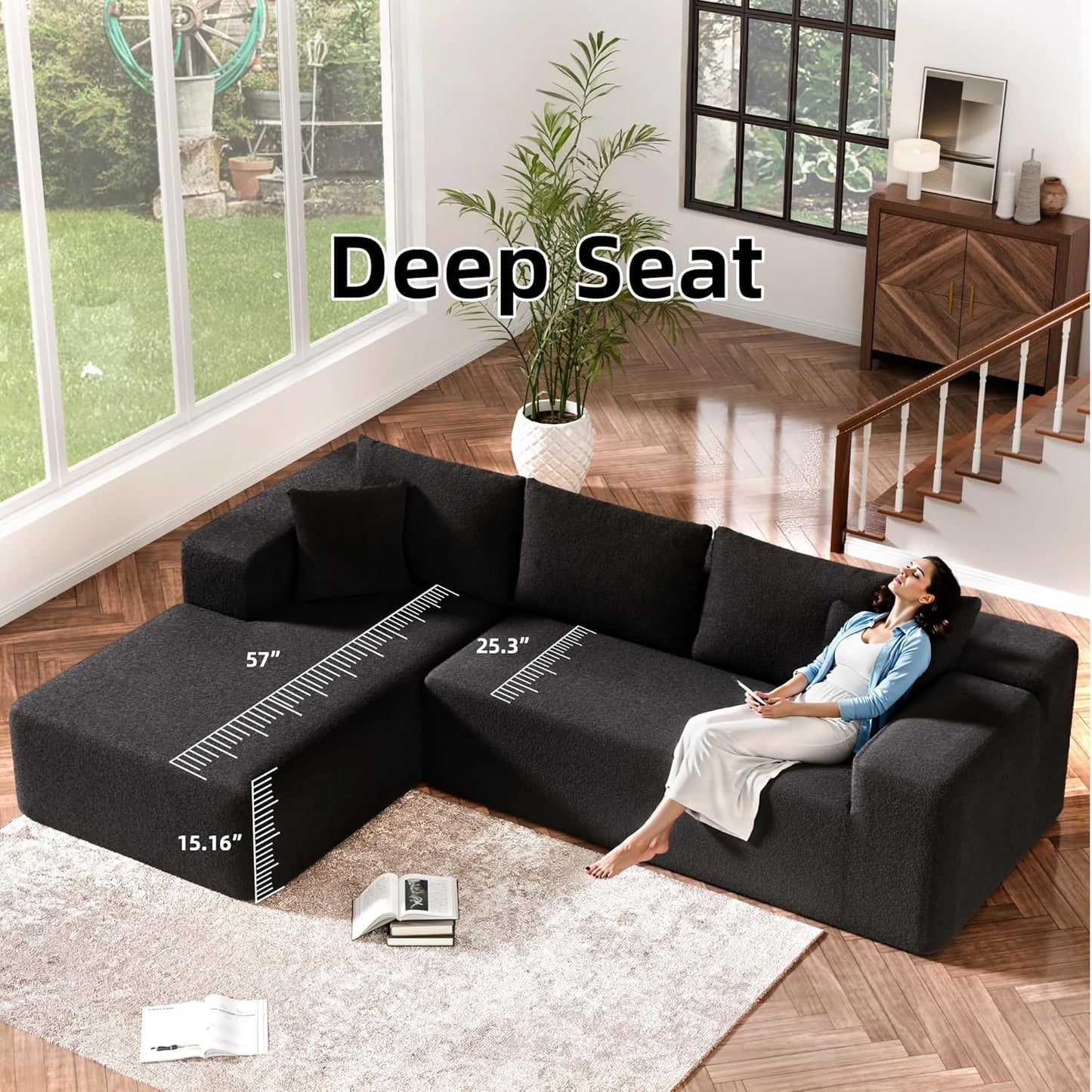 Cloud Sectional Couch, 104”L-Shape Oversized Sofa with Right Chaise Lounge, Modular Sleeper Couch with Pillows & Deep Seat, Rain Drop Velvet Fabric Compressed Sofa for Living Room, Black
