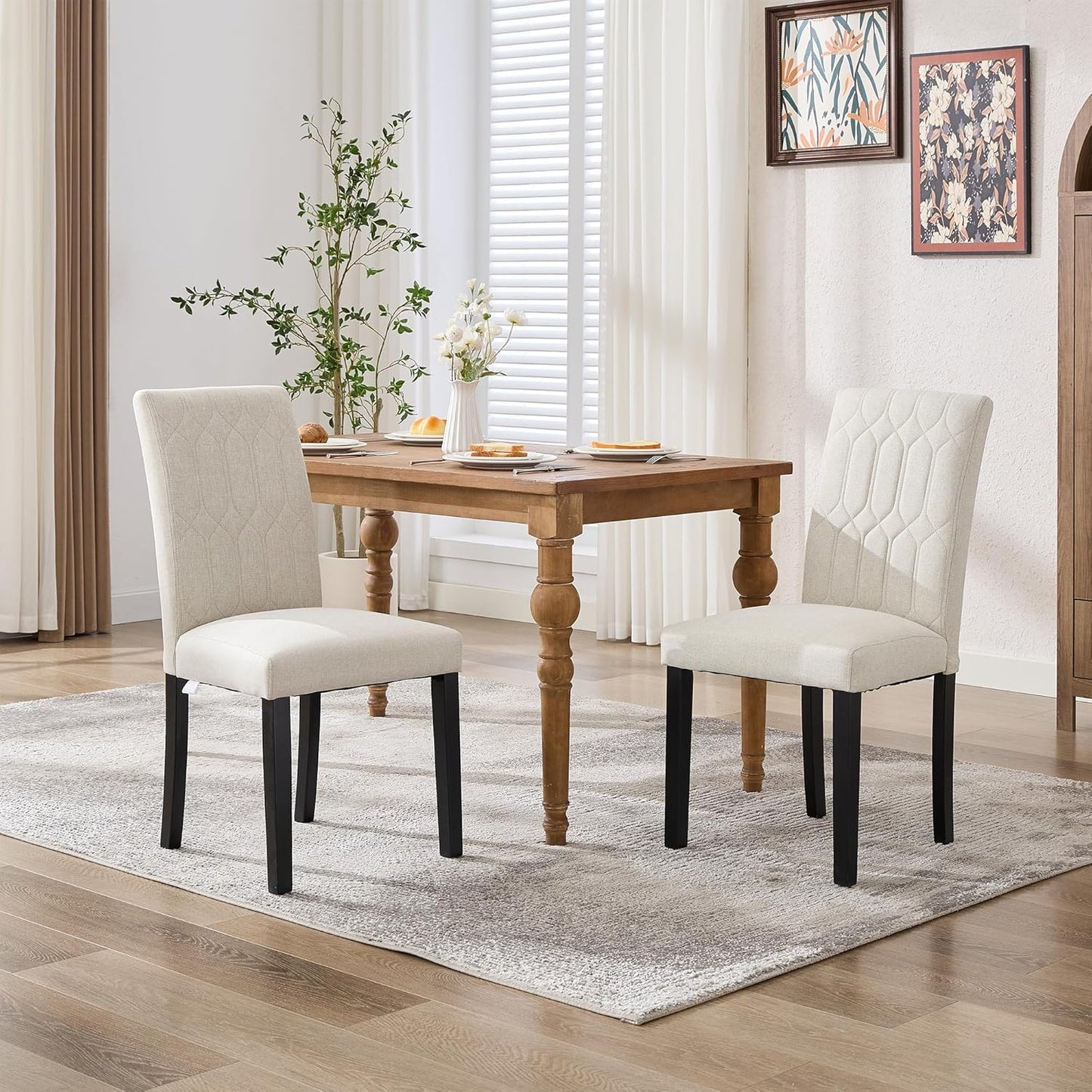 VECELO Upholstered Dining Chairs Set of 2, Modern Accent Parsons with Comfort Seat, Solid Wood Legs w/Rubber Footpads, for Living Room Kitchen, Beige