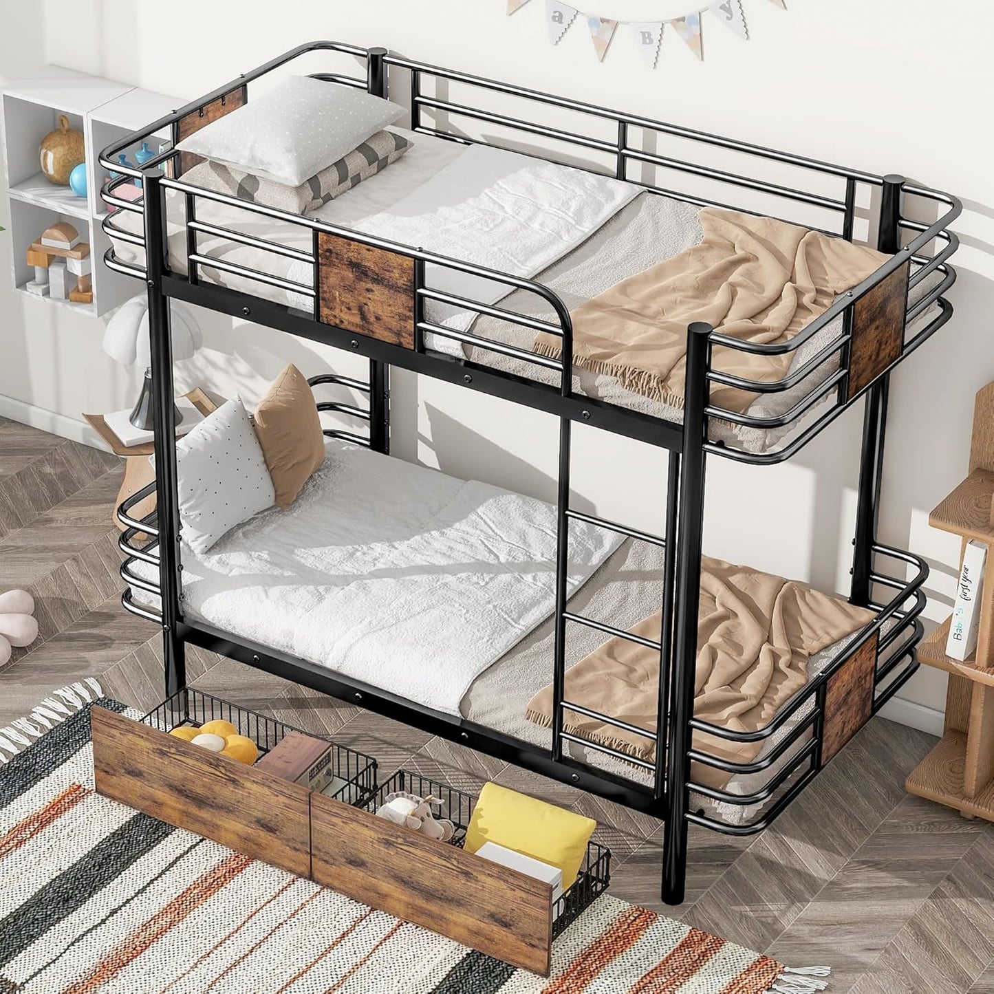 Twin XL Over Twin XL Metal Bunk Bed with MDF Board Guardrail,an Integrated Ladder,Full-Length Guardrails and Two Storage Drawers,Industrial Modern bunk-Bed,No Box Spring Needed,Black
