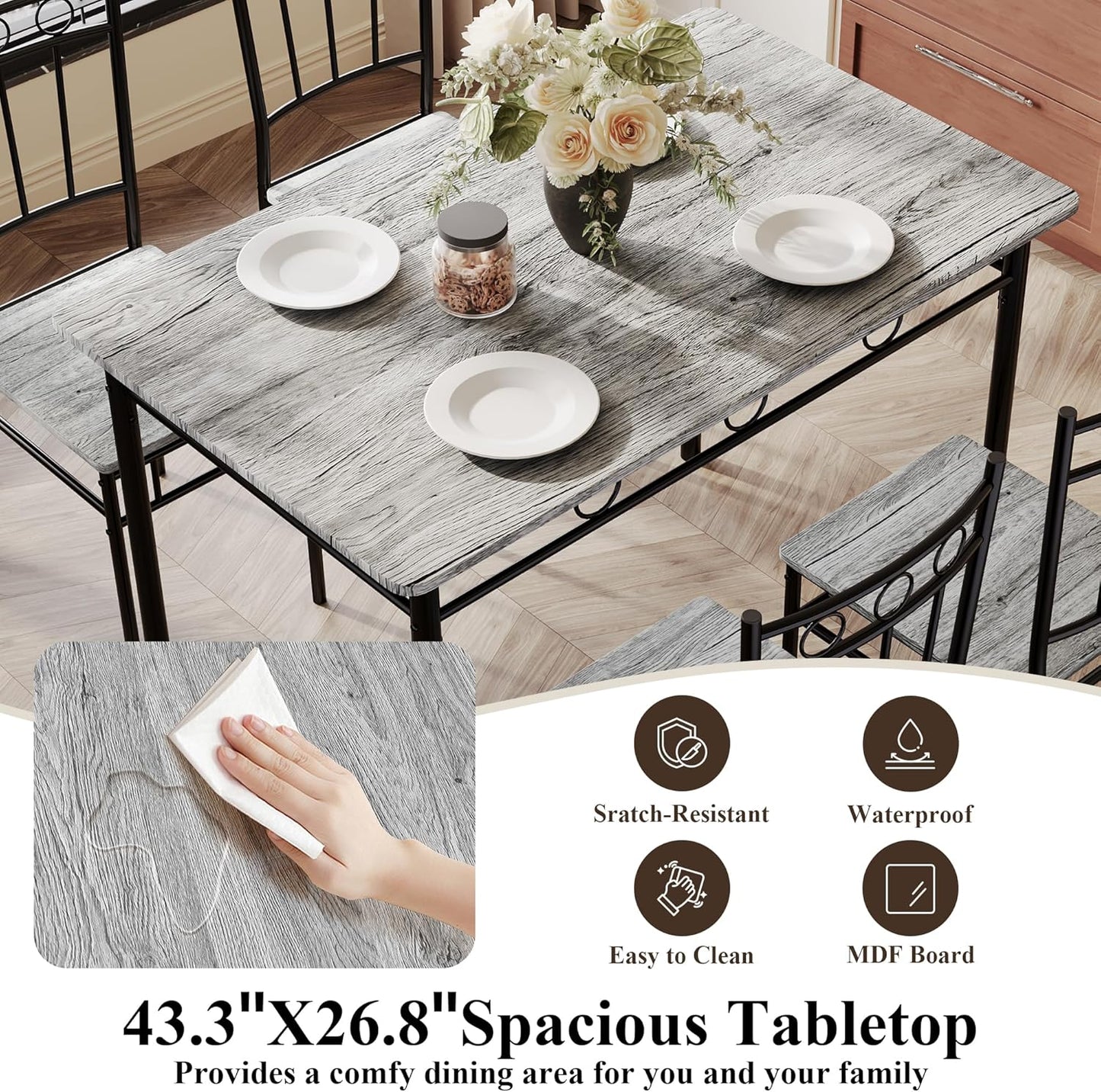 5 Piece Dining Table Set, Modern Metal&Wood Kitchen Dinner Table with 4 Chairs, Dining Room Table Sets for Small Spaces, Gray