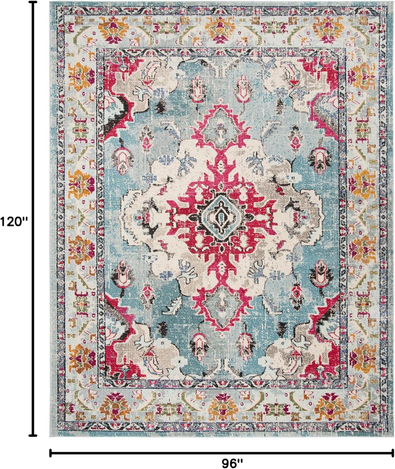 SAFAVIEH Monaco Collection Area Rug - 8' x 10', Light Blue & Fuchsia, Boho Chic Medallion Distressed Design, Non-Shedding & Easy Care, Ideal for High Traffic Areas in Living Room, Bedroom (MNC243J)